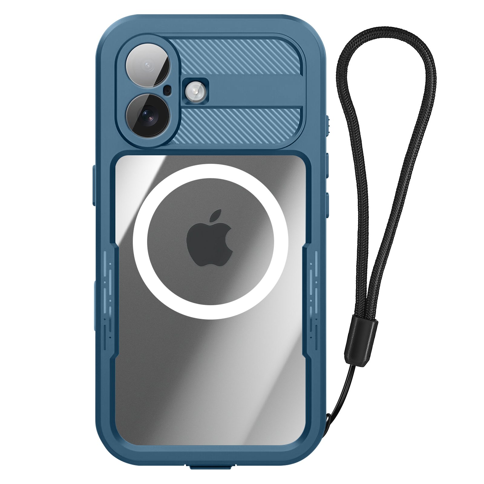 Custodia blu per telefono con cinturino nero. La custodia ha un retro trasparente con logo Apple.