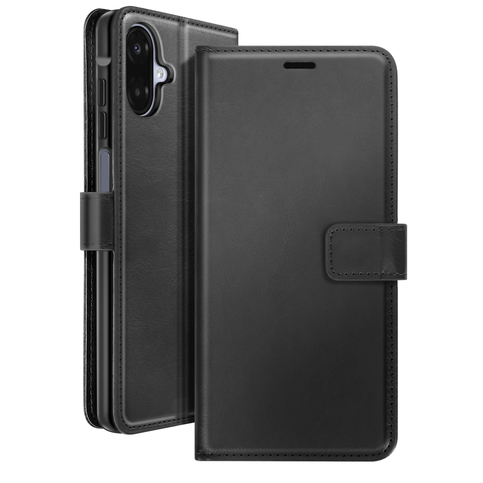 Étui de téléphone en cuir noir, ouvert. Le téléphone est dans la partie gauche. L'étui a une fermeture magnétique.
