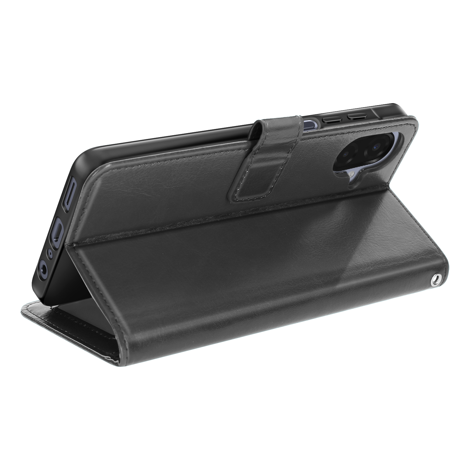 Étui de téléphone noir ouvert. Le téléphone est visible. L'étui est en simili cuir avec fermoir magnétique.