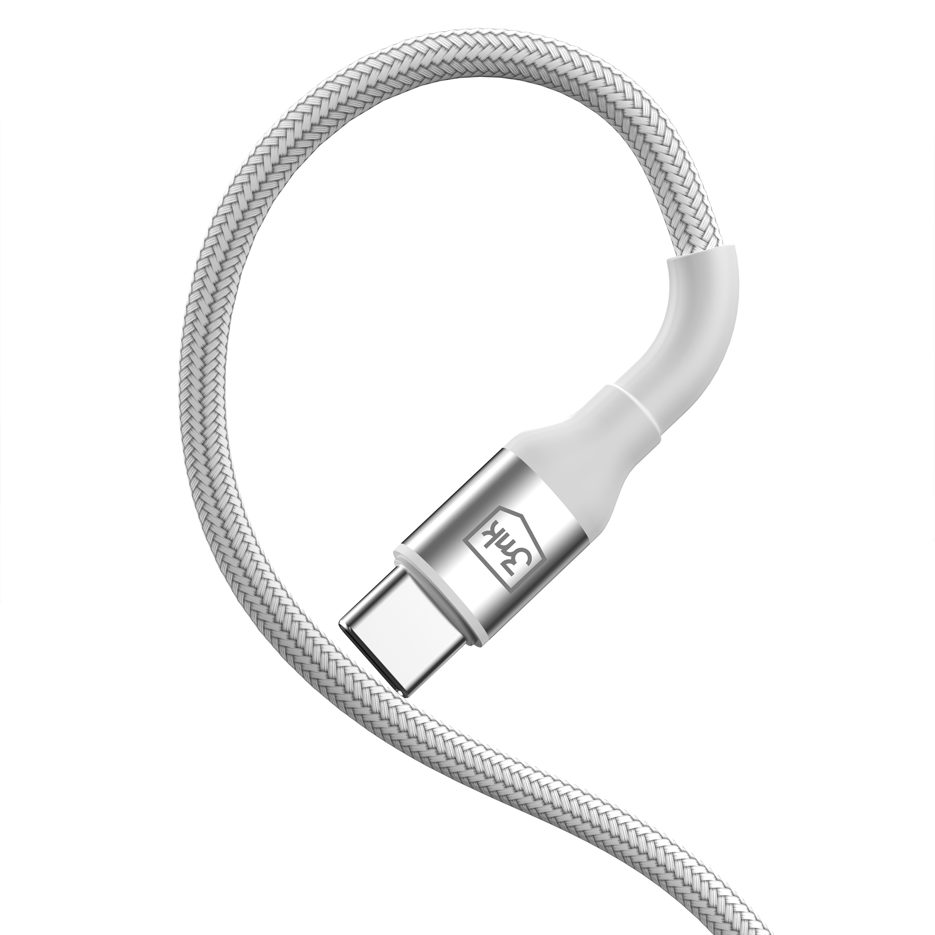 Biały pleciony kabel USB-C ze srebrnymi złączami. Kabel jest zakrzywiony. Marka 3mk na złączu.