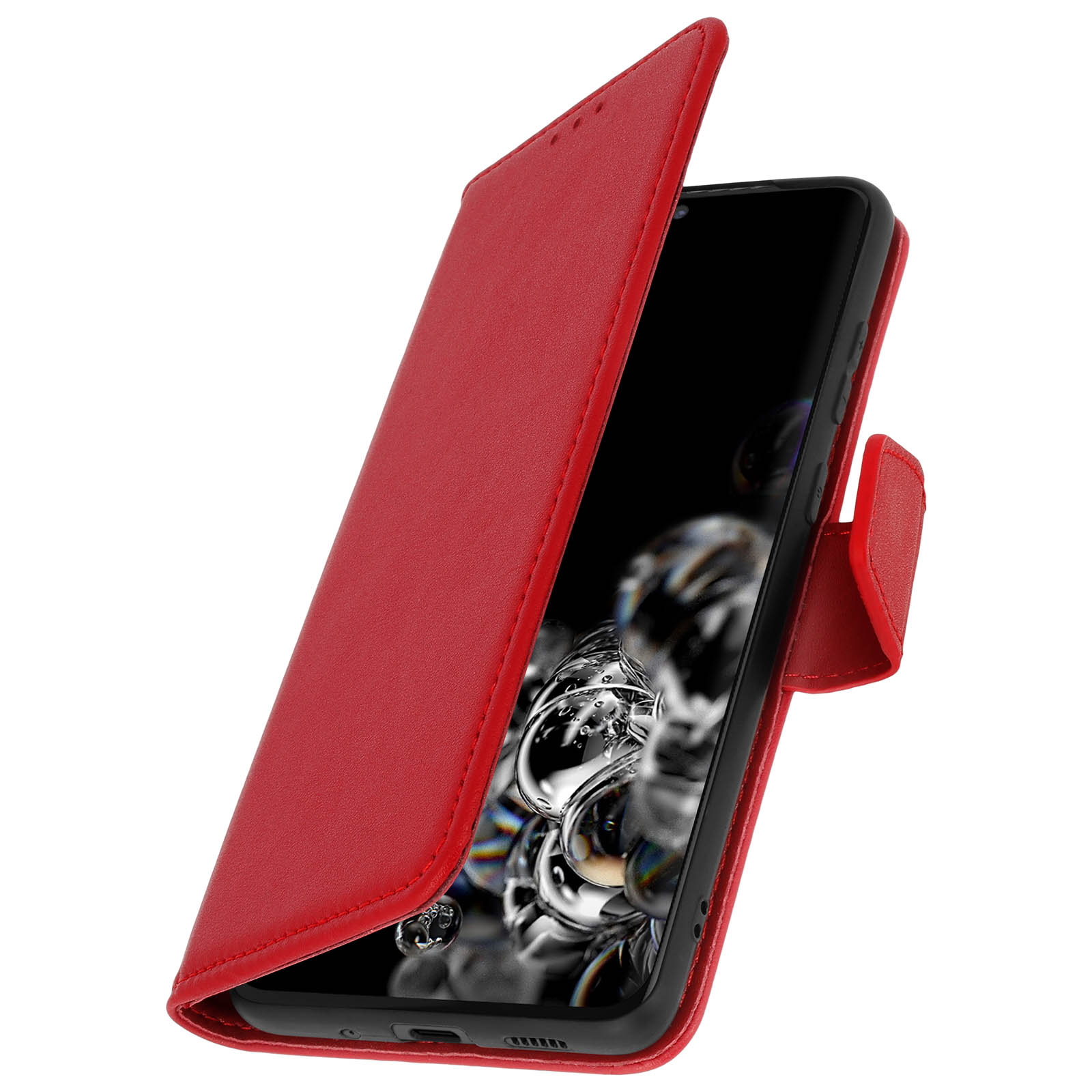Custodia rossa per telefono, aperta, che rivela uno schermo nero per smartphone con un motivo riflettente.