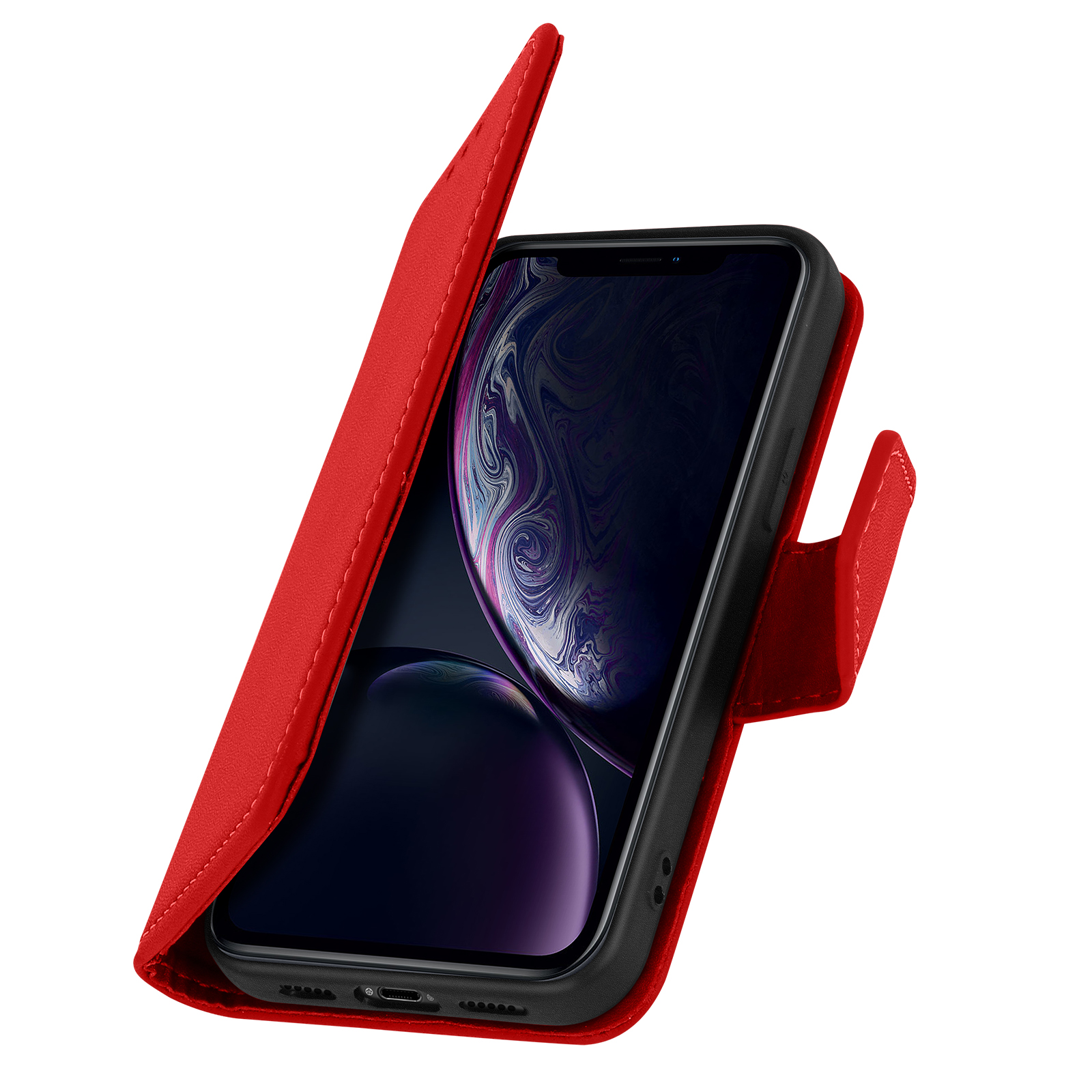 Una custodia in pelle rossa con un telefono nero. La custodia è aperta, mostrando lo schermo.