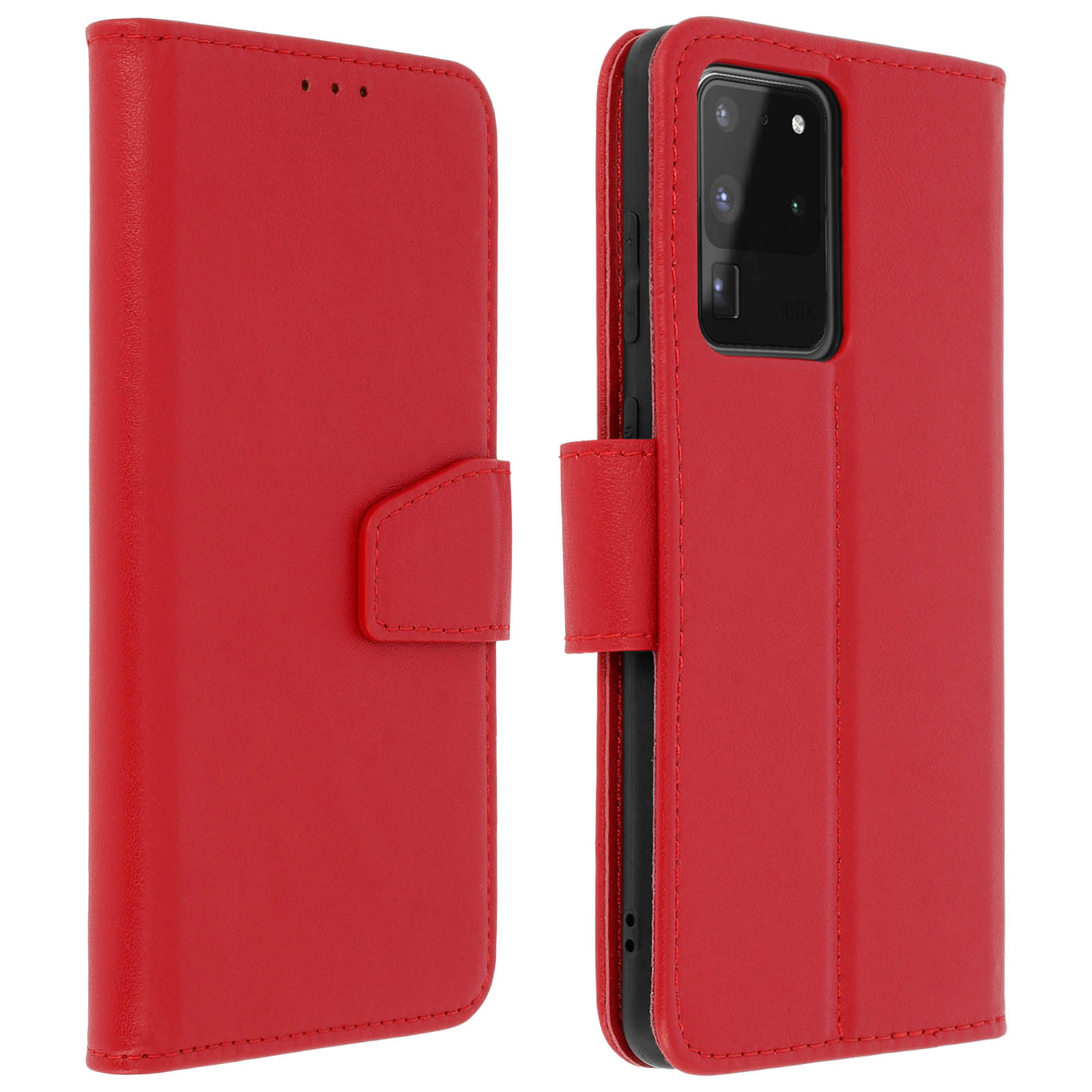 Una custodia per telefono in pelle rossa, aperta, che mostra un telefono con più fotocamere. La custodia ha una chiusura magnetica.