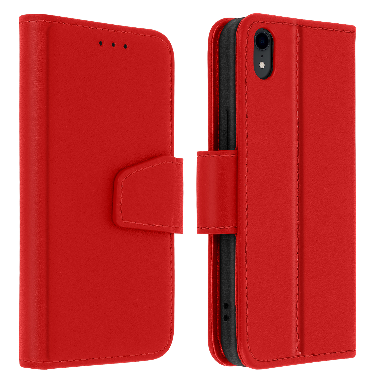 Una custodia per telefono in pelle rossa, aperta, che mostra un telefono nero. La custodia ha una chiusura magnetica e cuciture.