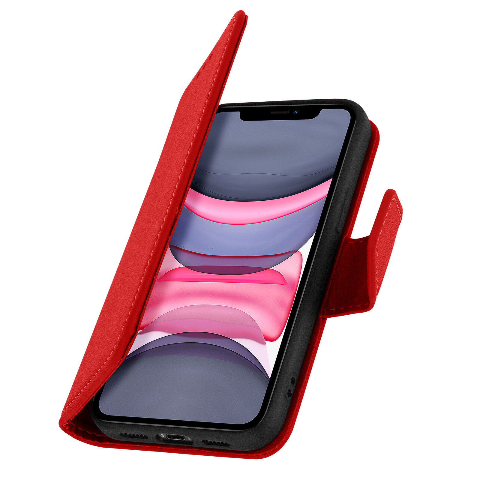 Custodia rossa del telefono aperta, che rivela lo schermo nero del telefono. Custodia in similpelle con cuciture.