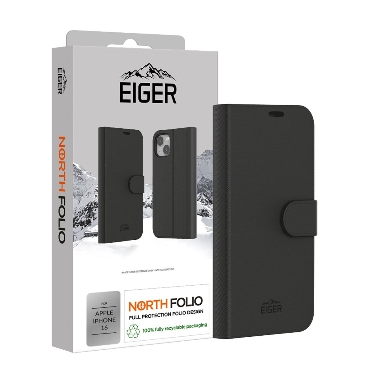 Custodia per telefono nera con design a portafoglio, marca Eiger, su sfondo bianco con confezione. Mostra la custodia e il telefono.