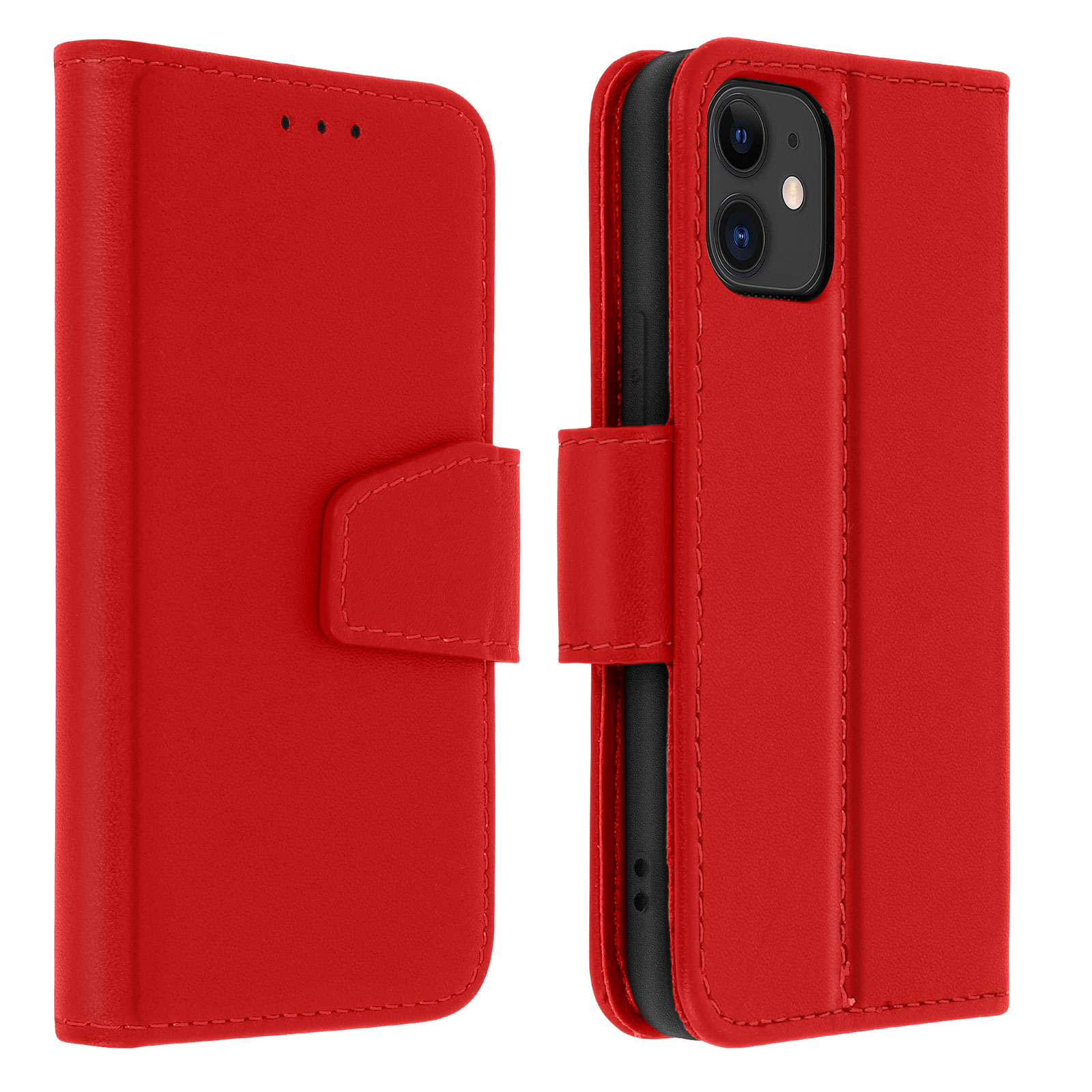 Custodia per telefono in pelle rossa aperta. Il telefono è nero e la custodia ha una chiusura magnetica.