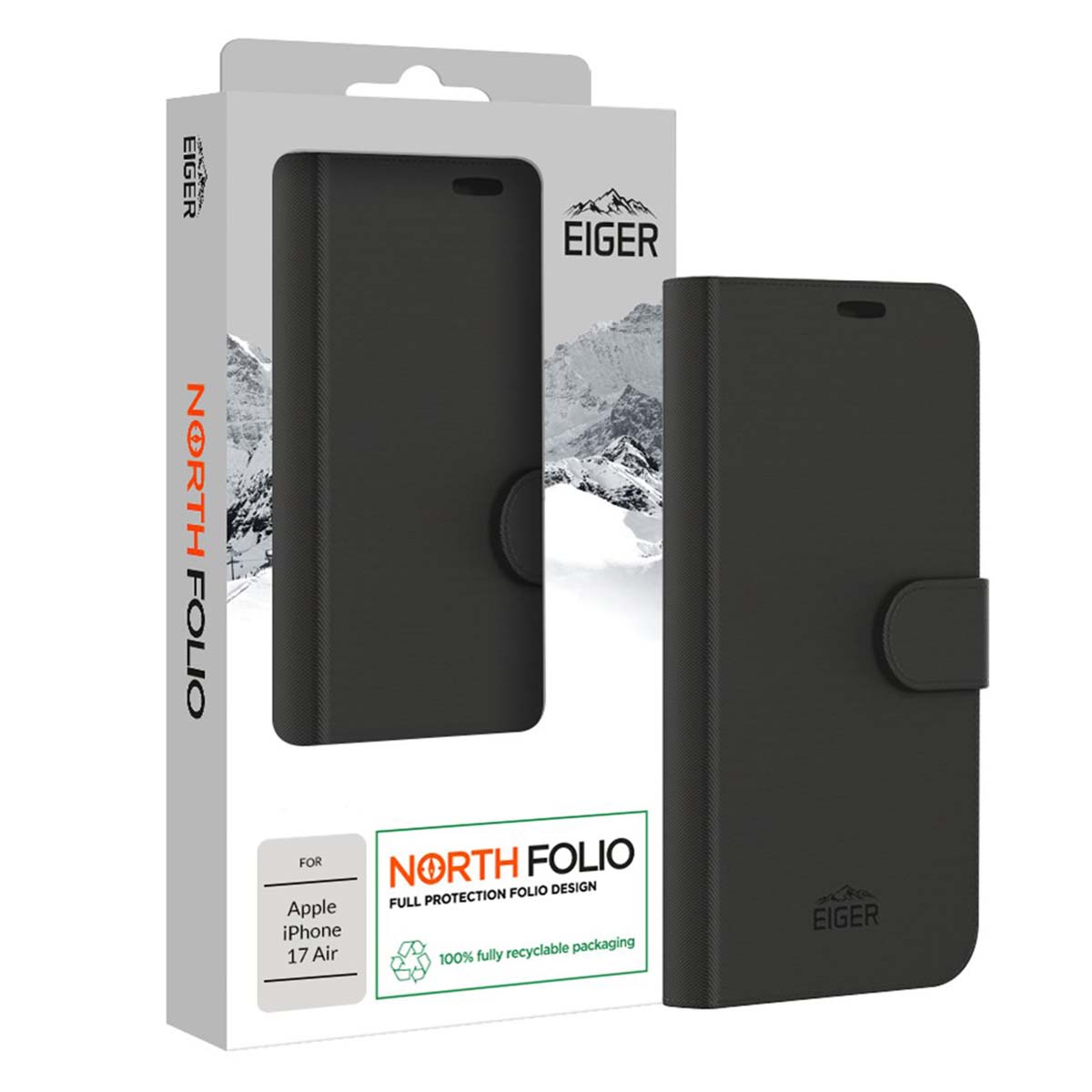 Una scatola di custodia per telefono con il marchio Eiger e il nome del prodotto North Folio. La custodia è nera e progettata per un iPhone.
