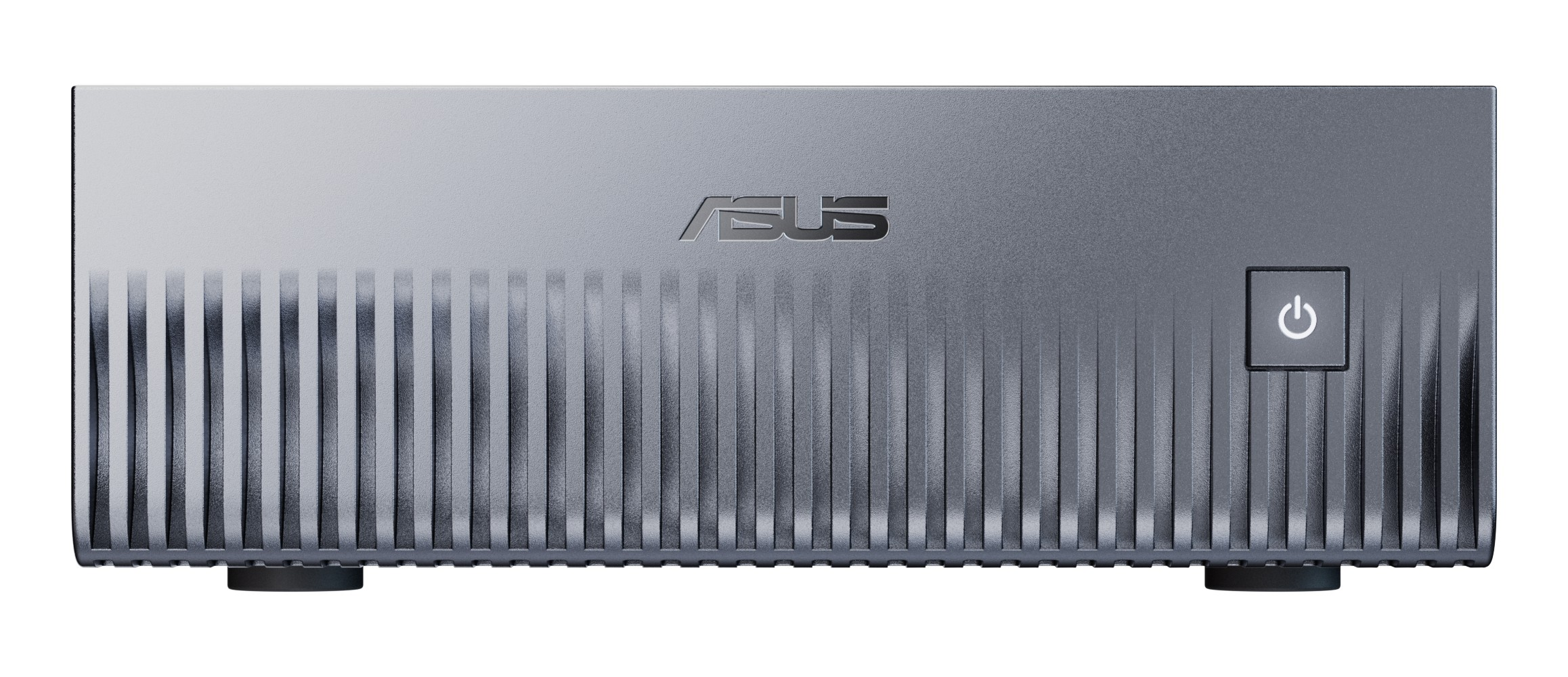 Un mini PC ASUS argentato. Ha delle linee verticali sul davanti, il logo ASUS e un pulsante di accensione.
