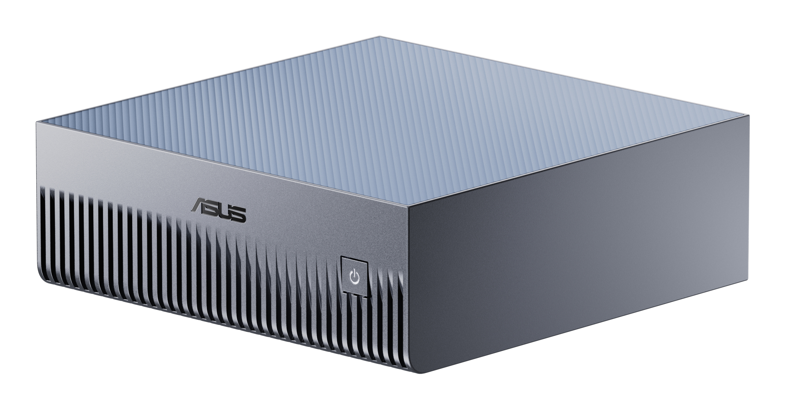 Un computer ASUS grigio. Ha un pulsante di accensione, il marchio e un design a coste.
