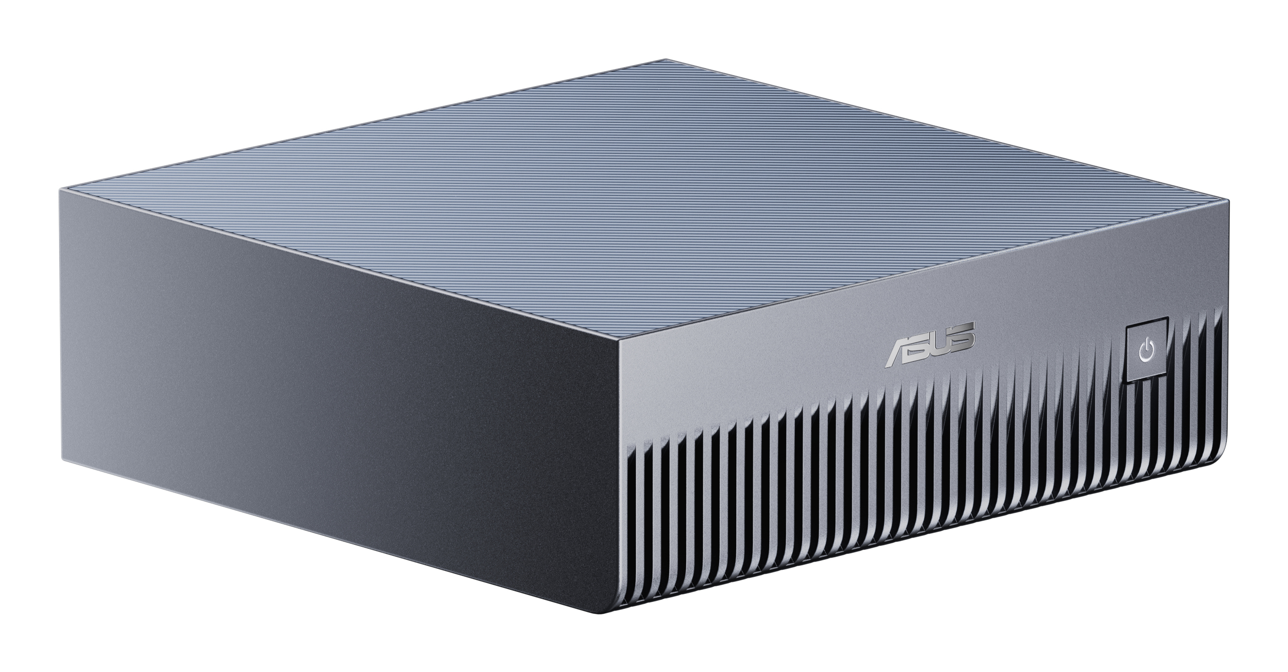 Un computer ASUS grigio. Ha un pulsante di accensione, il logo ASUS e una superficie superiore a coste.