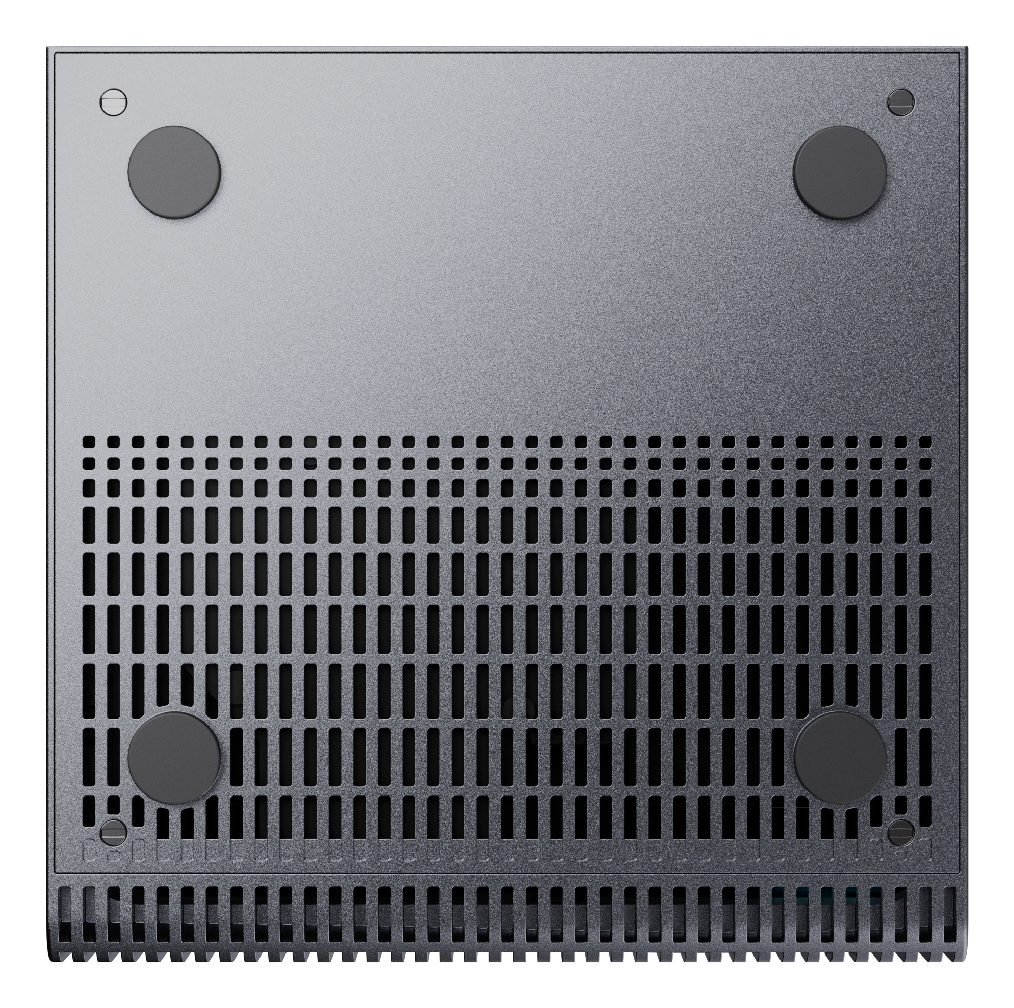 Un dispositivo grigio rettangolare, forse un computer. Ha fori di ventilazione e quattro piedini in gomma. Due viti visibili.
