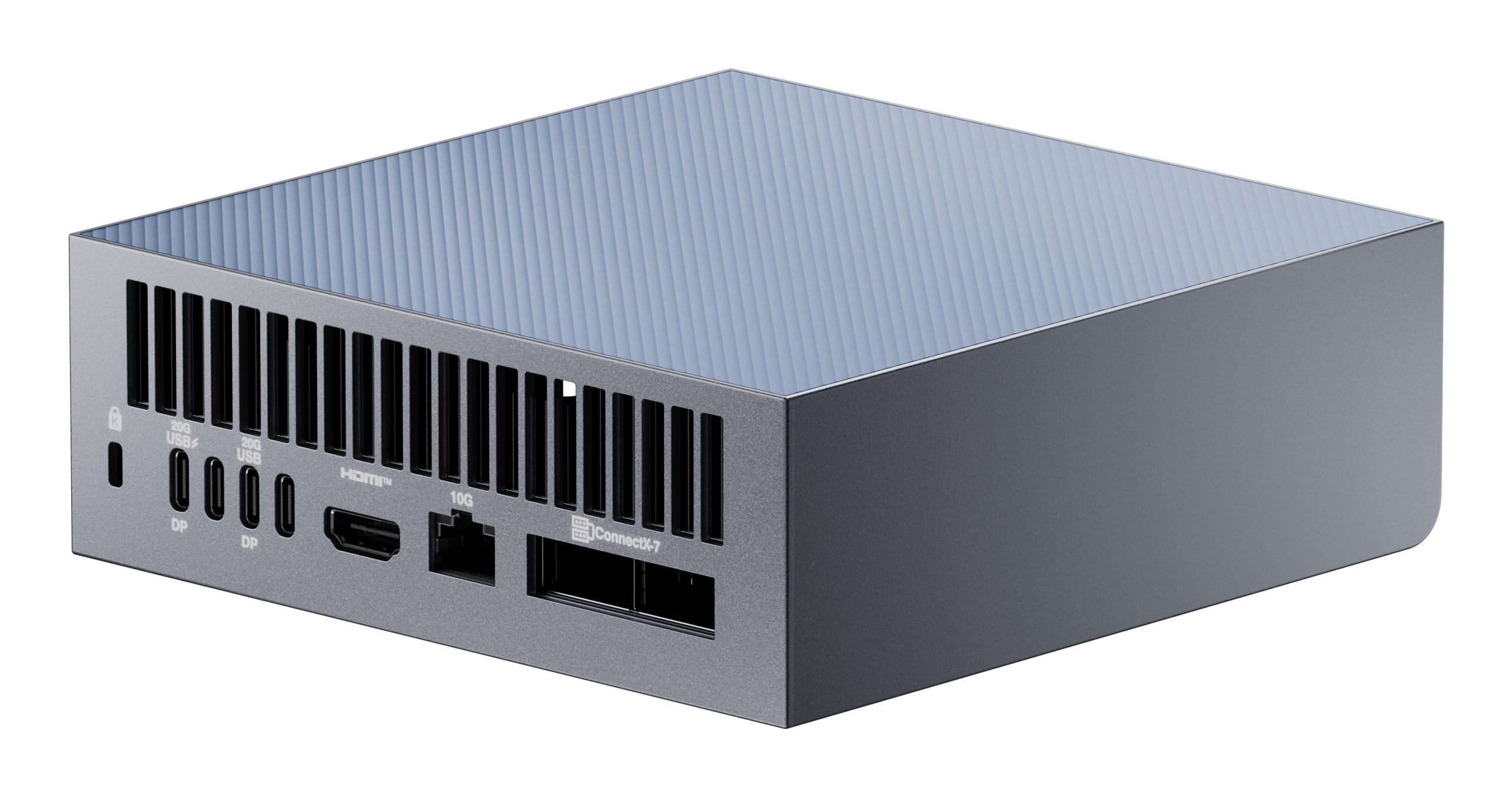 Un dispositivo informatico grigio, rettangolare, con porte, fessure di ventilazione e una superficie superiore strutturata. Ha porte USB, HDMI ed Ethernet.
