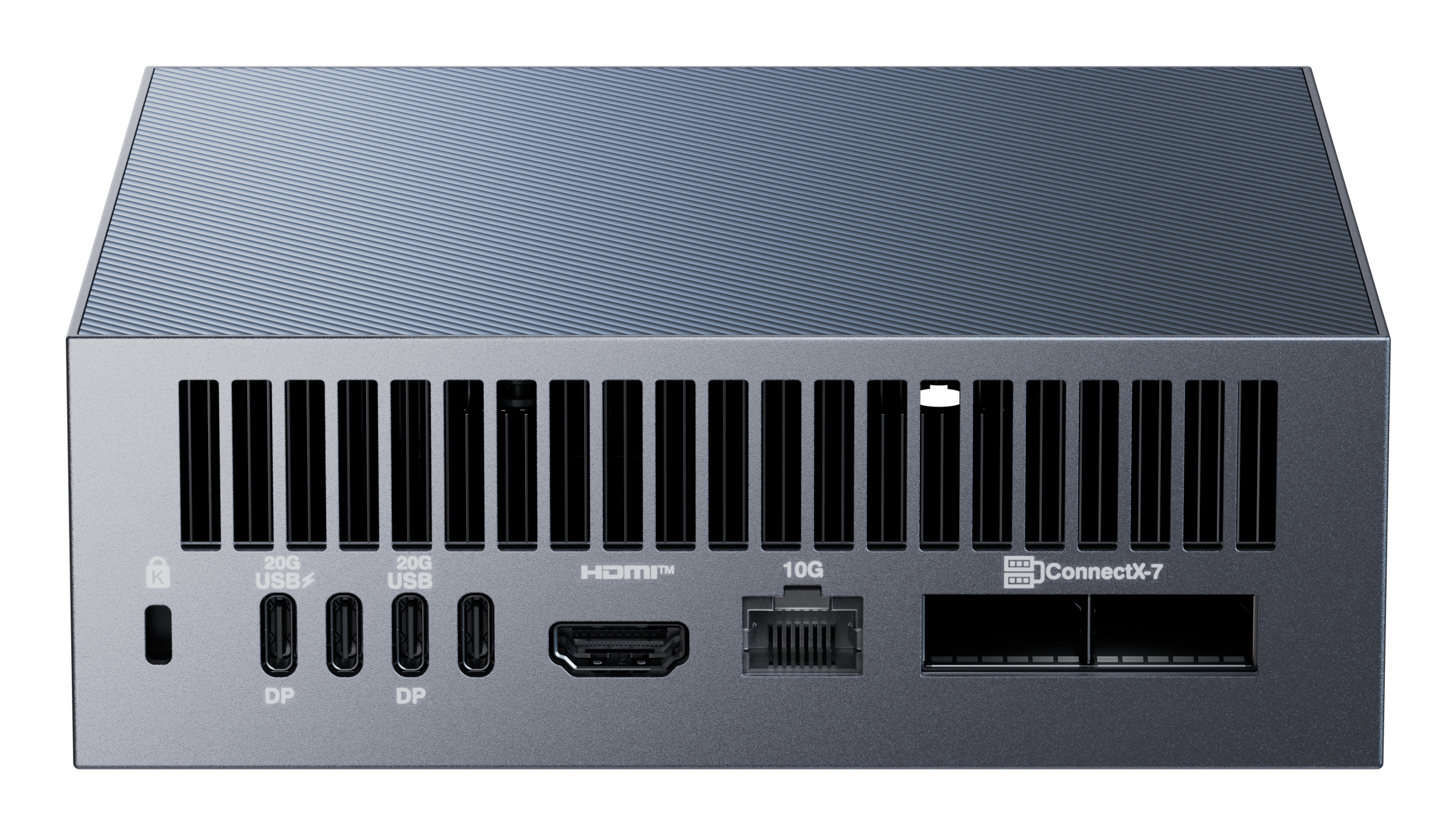 Un dispositivo grigio con una parte superiore strutturata, prese d'aria e varie porte, tra cui USB, HDMI ed Ethernet.