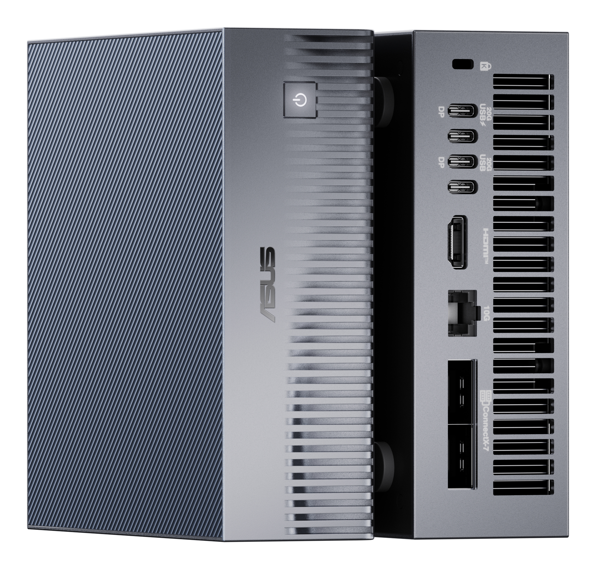 Un dispositivo informatico ASUS grigio. Ha un pulsante di accensione, diverse porte e una superficie strutturata.