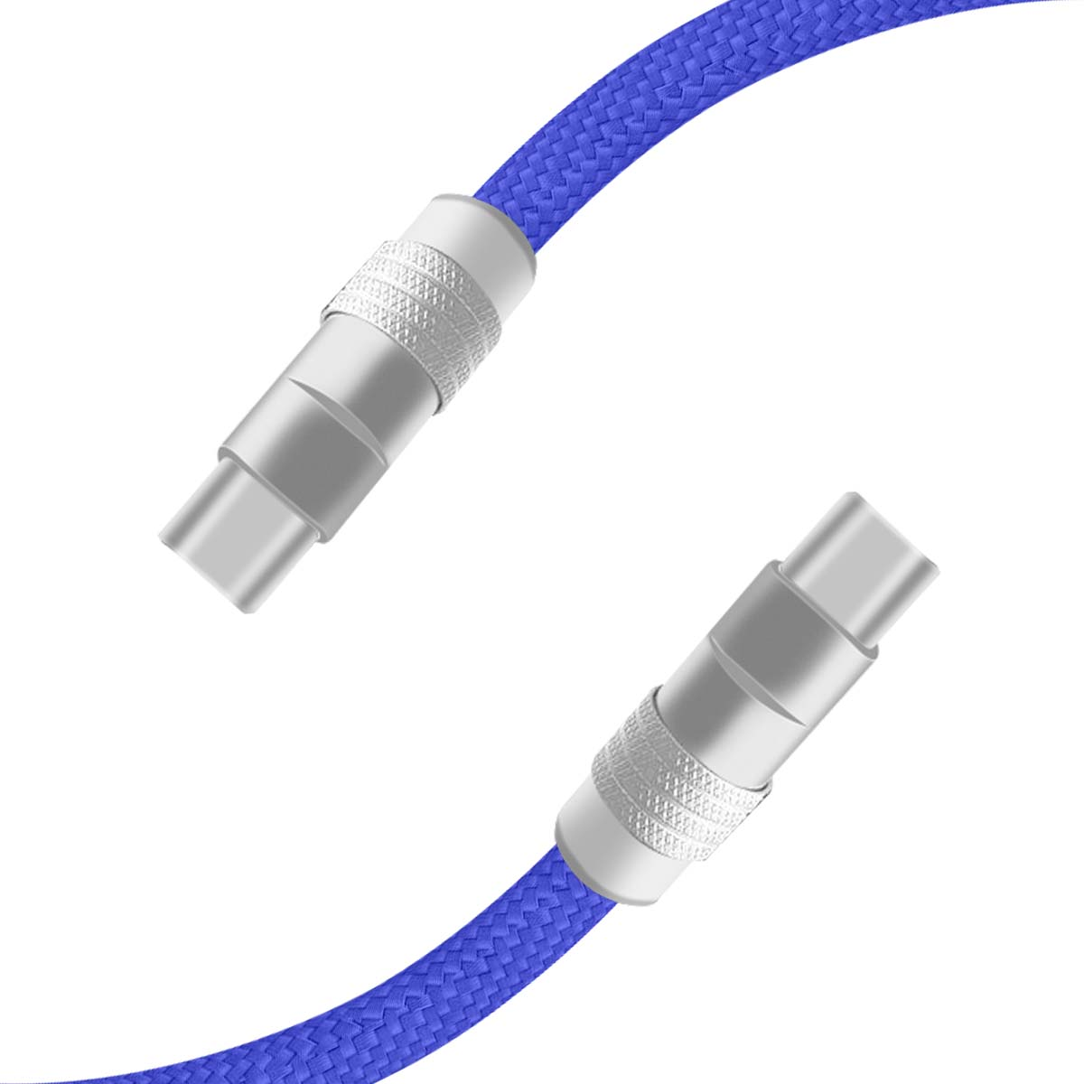 Un cavo USB-C blu intrecciato con connettori argentati. Il cavo è diagonale su sfondo bianco.
