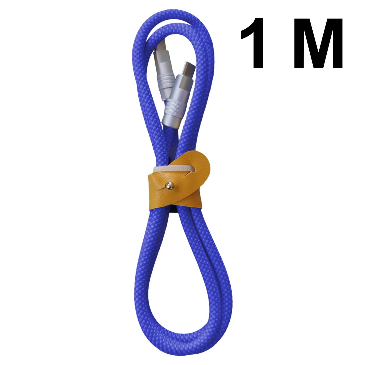 Cavo di ricarica blu con connettori argentati, tenuto da un cinturino in pelle gialla. Il testo "1 M" è a destra.