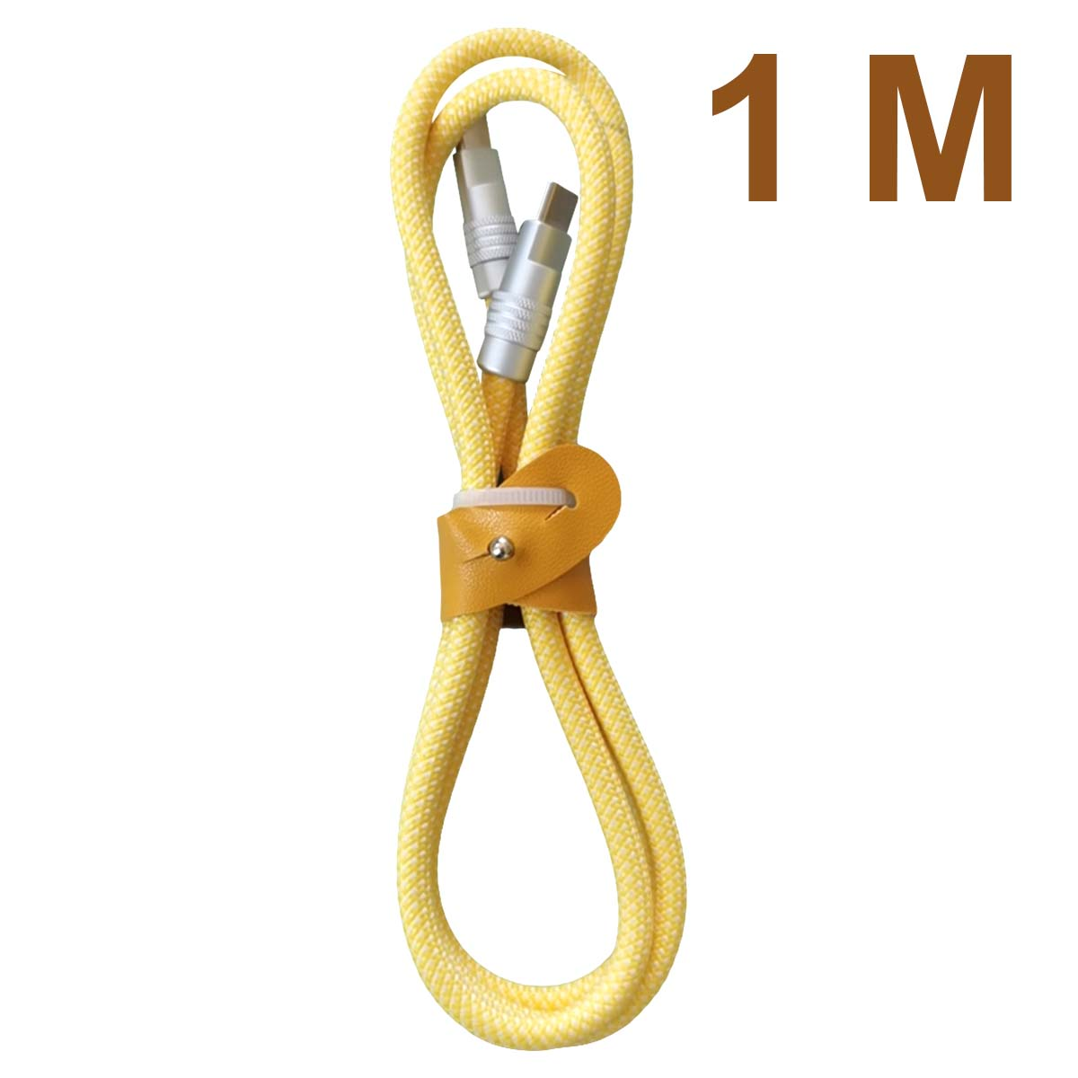 Un cavo giallo con connettori argentati e un cinturino in pelle è ad anello. Il testo "1 M" è nell'angolo in alto a destra.