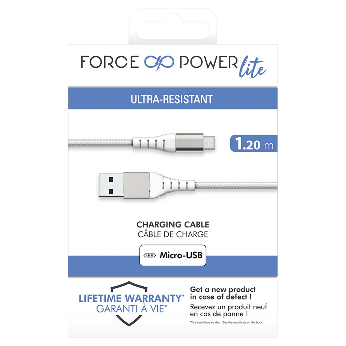 La confezione mostra un cavo di ricarica bianco con l'etichetta 'FORCE POWER lite'. Sono presenti 'ULTRA-RESISTANT' e 'Micro-USB'. Viene menzionata la garanzia a vita.