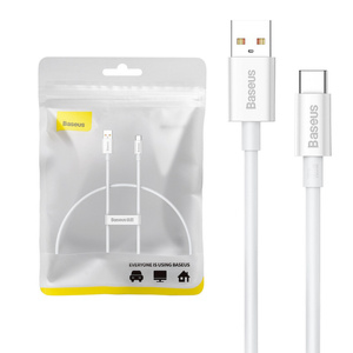 Cavi USB Baseus bianchi. Uno in sacchetto di plastica, due cavi separati. Connettori USB, USB-C.