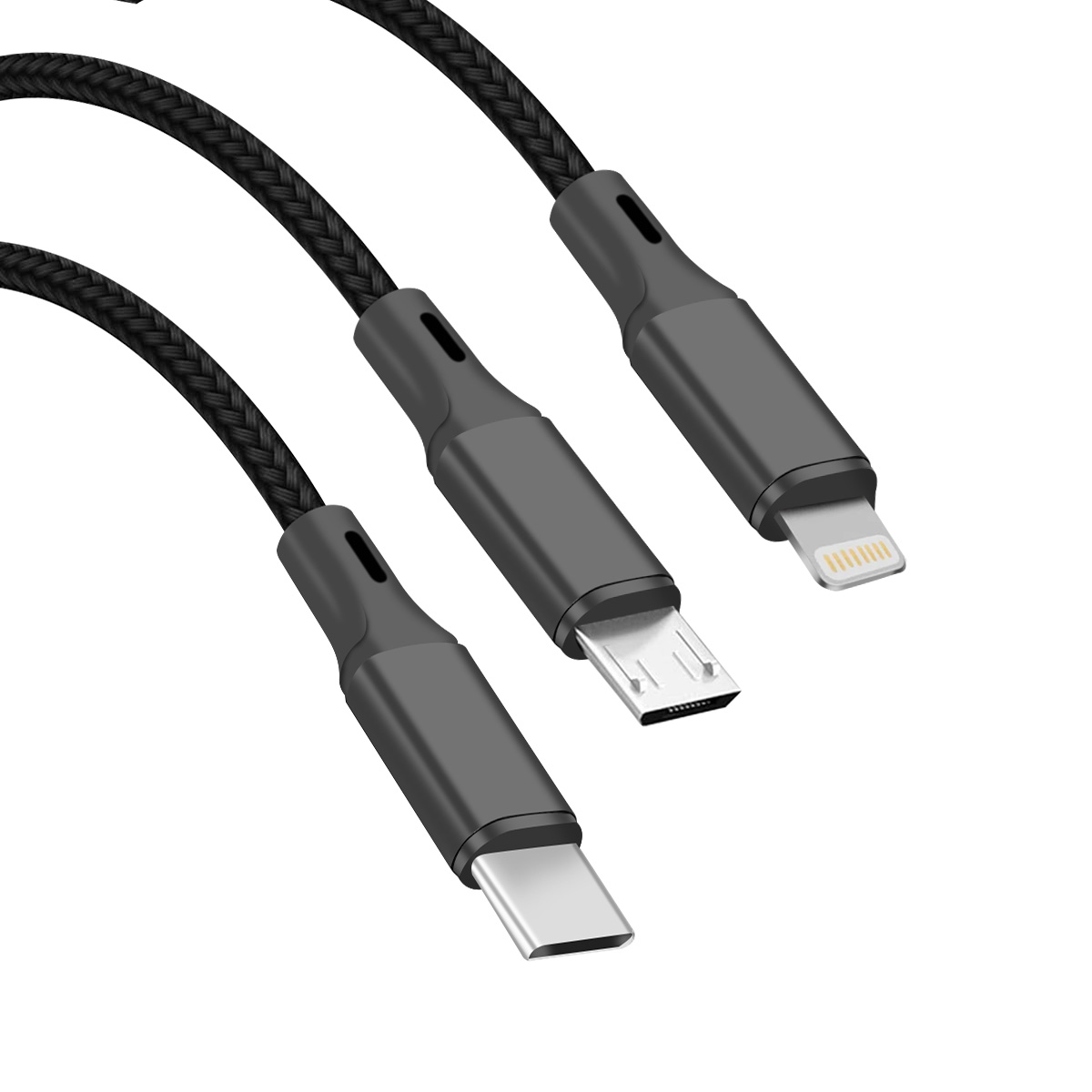 Tre cavi di ricarica neri con diversi connettori: USB-C, Micro-USB e Lightning, su sfondo bianco.