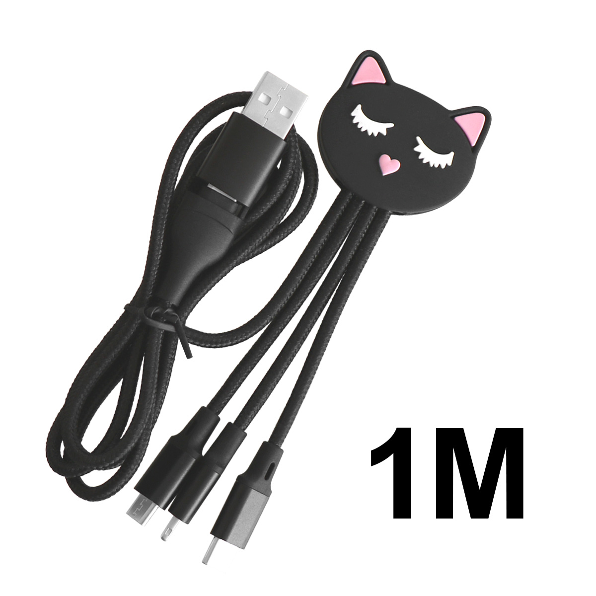 Un cavo di ricarica USB nero con design a testa di gatto, lungo 1M, con tre diversi tipi di connettore. Lo sfondo è bianco.
