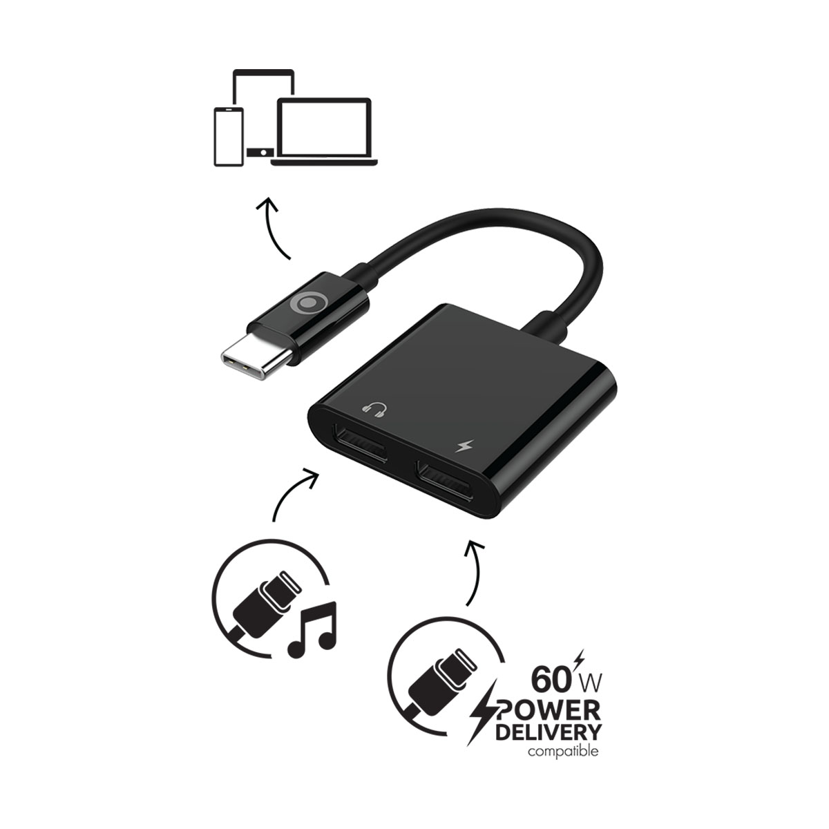 Schwarzer USB-C-Adapter mit Kopfhörer-, Lade- und Gerätesymbolen. Enthält Musik- und Stromversorgungssymbole sowie 60W Leistung.