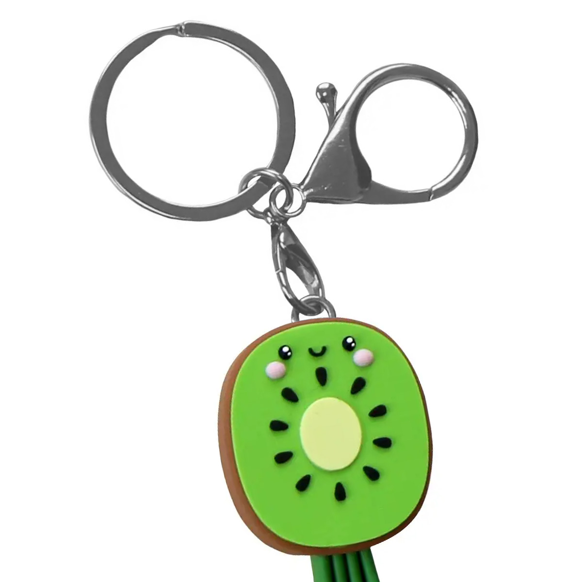 Un portachiavi a forma di fetta di kiwi con un volto sorridente, polpa verde, buccia marrone, semi neri e un portachiavi argentato.