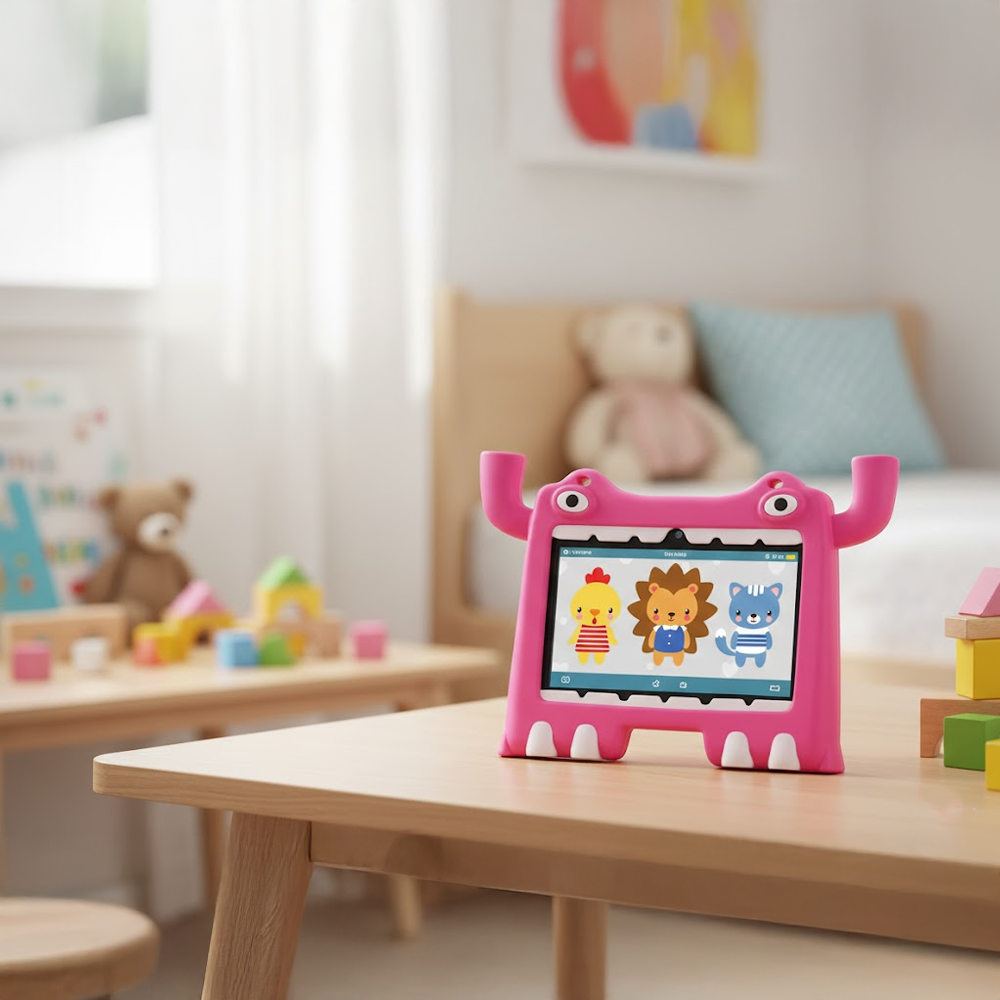 Bir canavar kılıfındaki pembe bir tablet çizgi film hayvanları gösteriyor. Ahşap bir masada, oyuncaklarla ve arka planda bir yatakla duruyor.