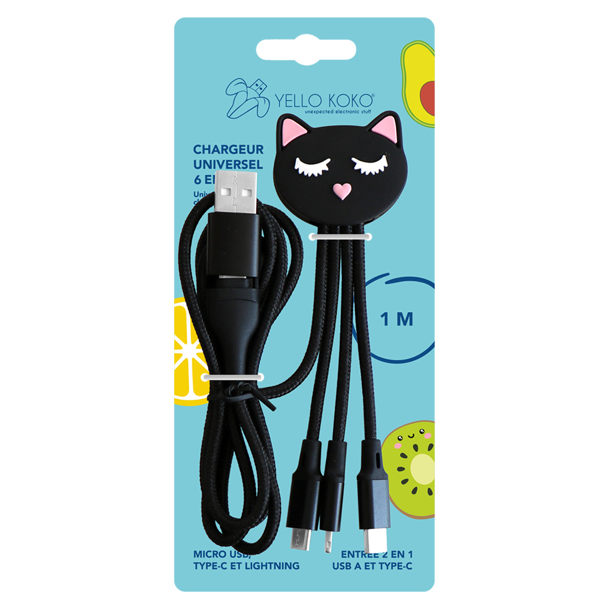 Un caricabatterie USB nero a forma di gatto con più connettori. La confezione è azzurra, con illustrazioni di frutta e testo in francese.