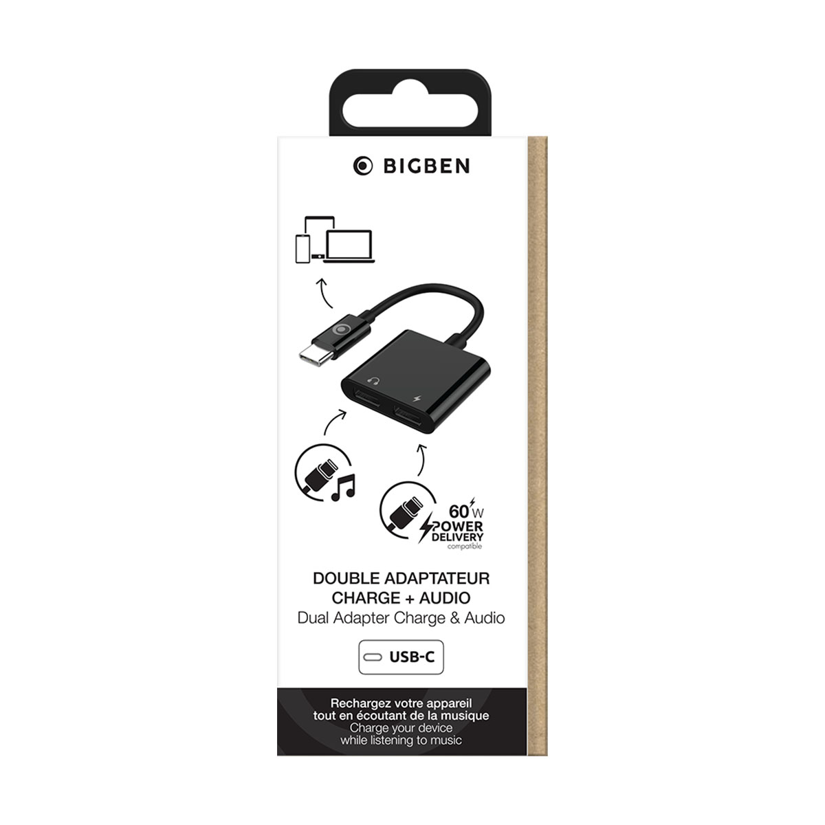 Eine Bigben Dual-Adapter-Box. Schwarzer Adapter in der Mitte, USB-C oben. Text auf Französisch und Englisch.