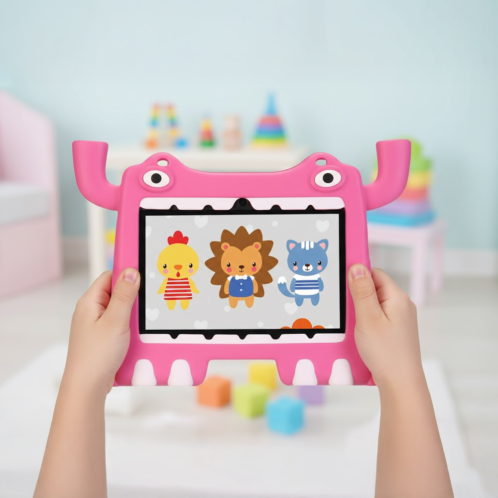 Bir çocuk, canavar şeklinde pembe bir tablet kılıfı tutuyor. Tablette çizgi film hayvanları görüntüleniyor: bir civciv, bir aslan ve bir kedi.