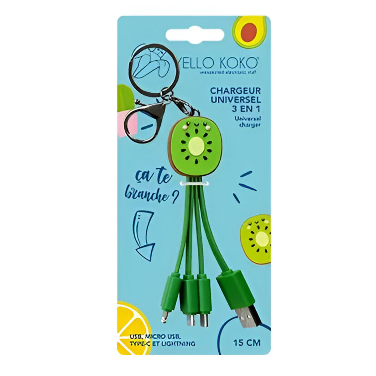 Caricabatterie universale a forma di kiwi con più connettori, appeso a un portachiavi. Su sfondo verde acqua con illustrazioni di frutta.
