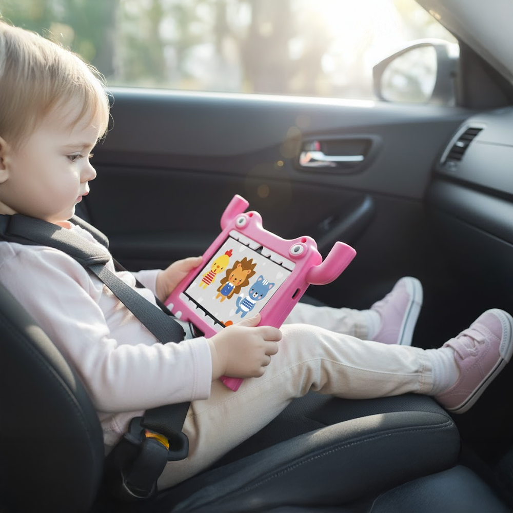 Araba koltuğunda oturan bir çocuk, çizgi film hayvanları gösteren pembe bir tablet tutuyor. Çocuk emniyet kemeri ve pembe ayakkabılar giyiyor.
