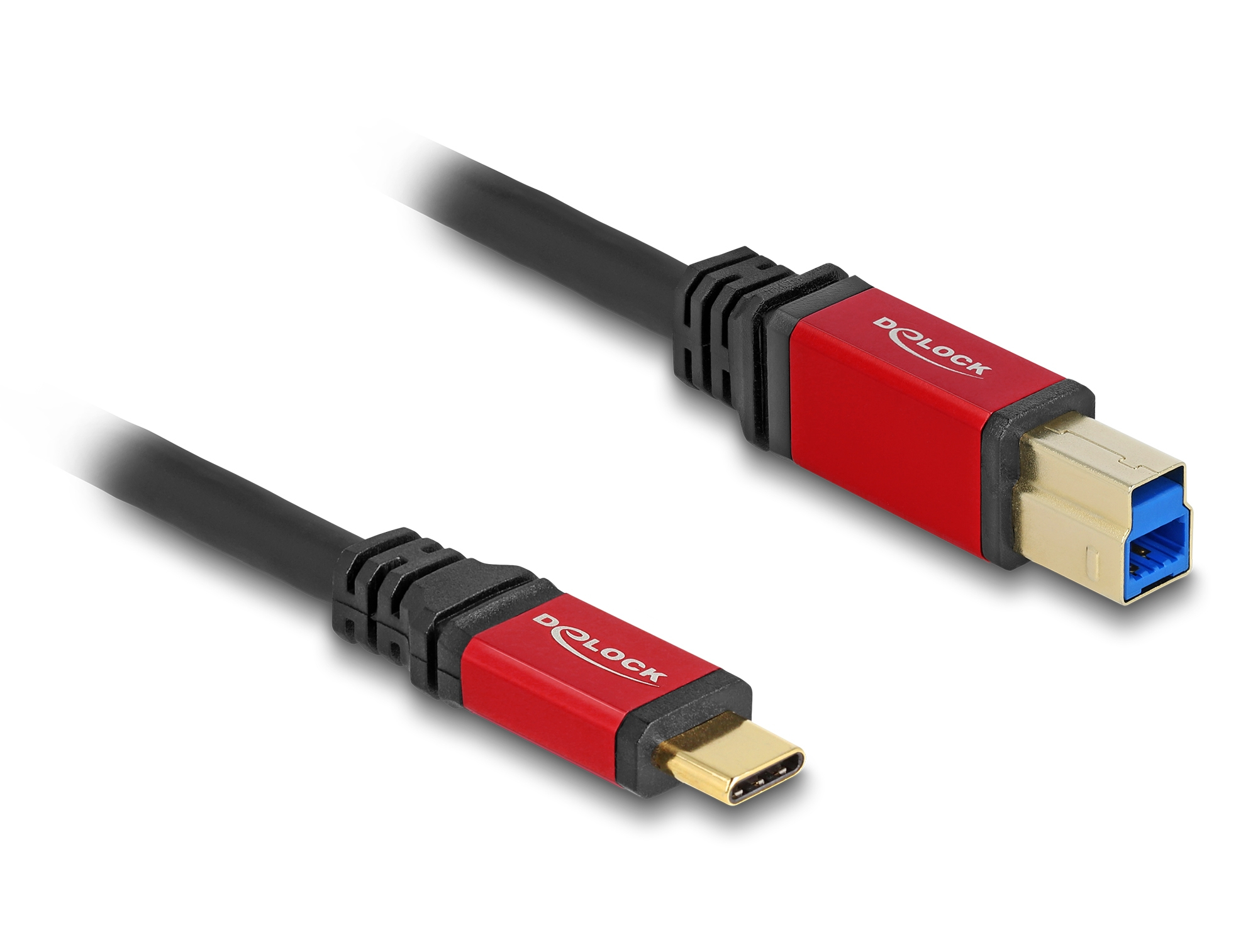 Zwei USB-Kabel. Eines hat einen USB-C-Anschluss, das andere einen USB-A-Anschluss. Beide haben rote und schwarze Teile und einen weißen Hintergrund.
