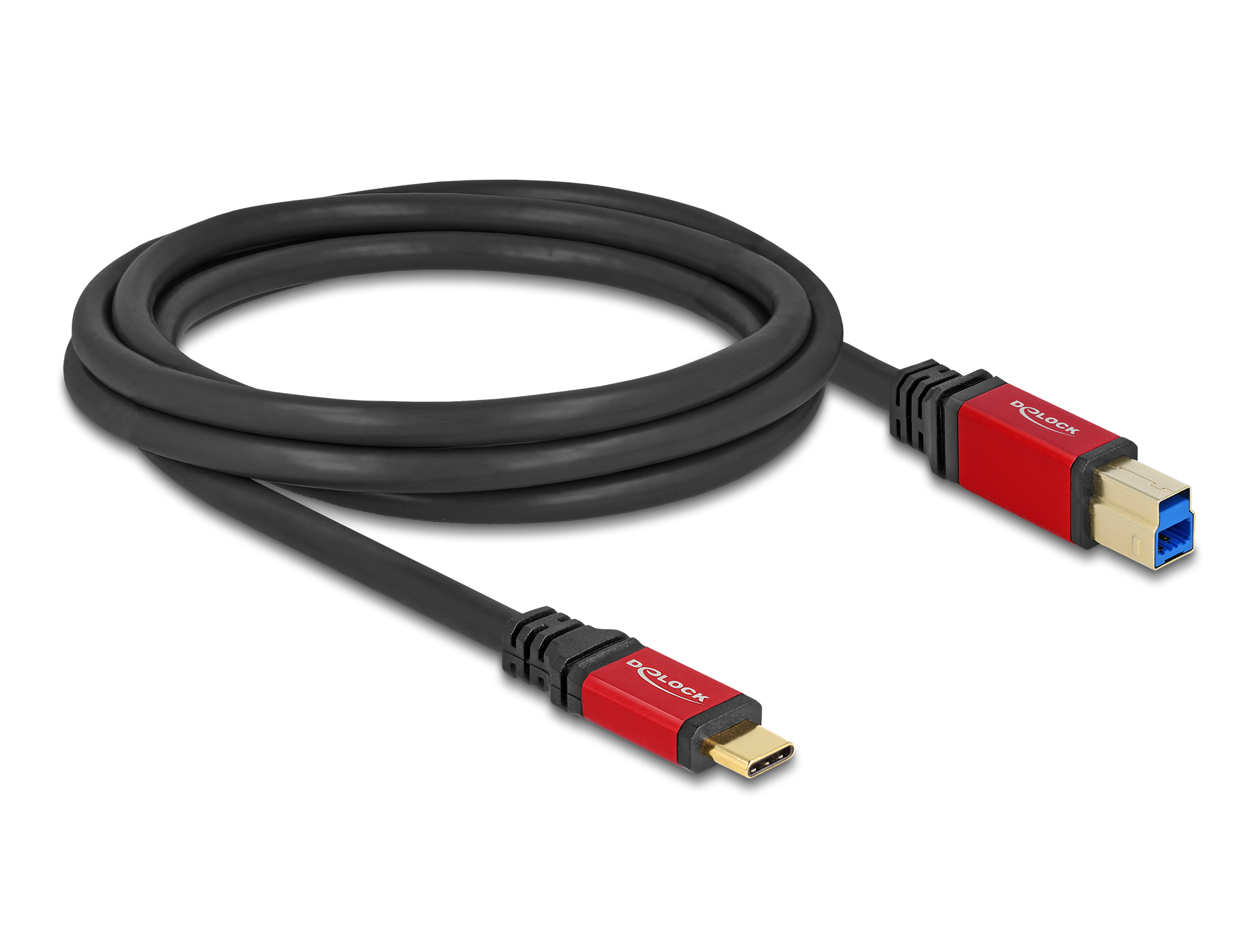 Ein schwarzes Kabel mit roten Steckern und dem D-Lock-Logo. Ein Ende ist USB-C, das andere USB-A. Weißer Hintergrund.