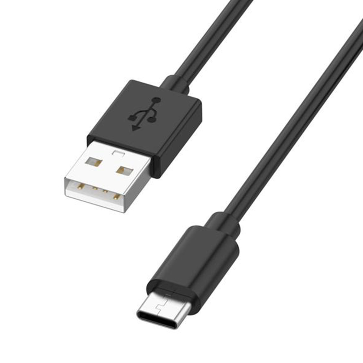 Un cavo USB nero con connettori USB-A e USB-C su sfondo bianco. I connettori sono argentati.
