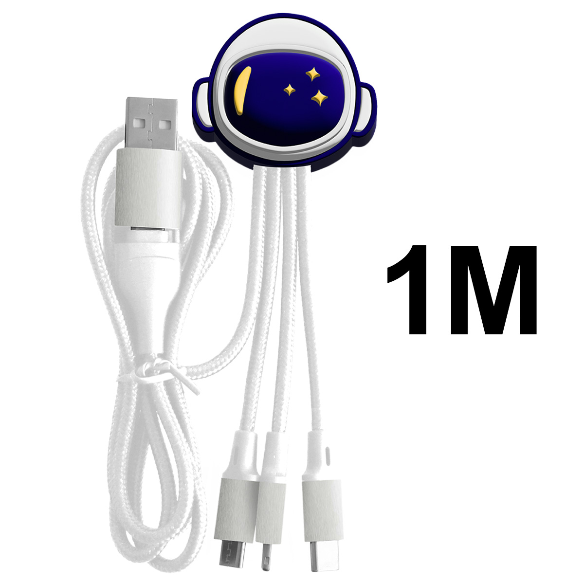 Un cavo di ricarica bianco con tre diversi connettori, una porta USB. Ha un design a testa di astronauta e il testo '1M' è visibile.