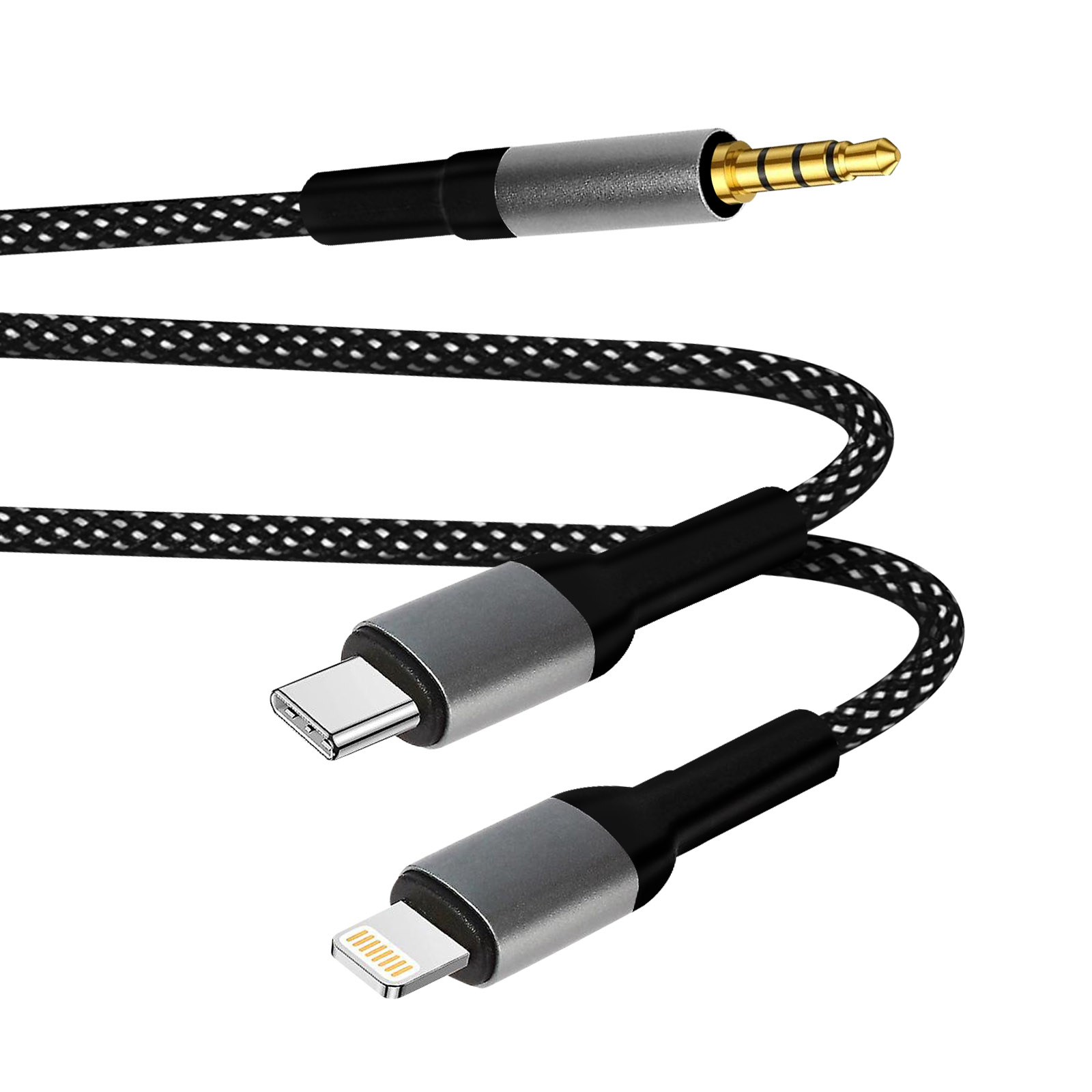 Un cavo intrecciato con jack da 3,5 mm, USB-C e connettore Lightning. I connettori hanno dettagli argento e neri.