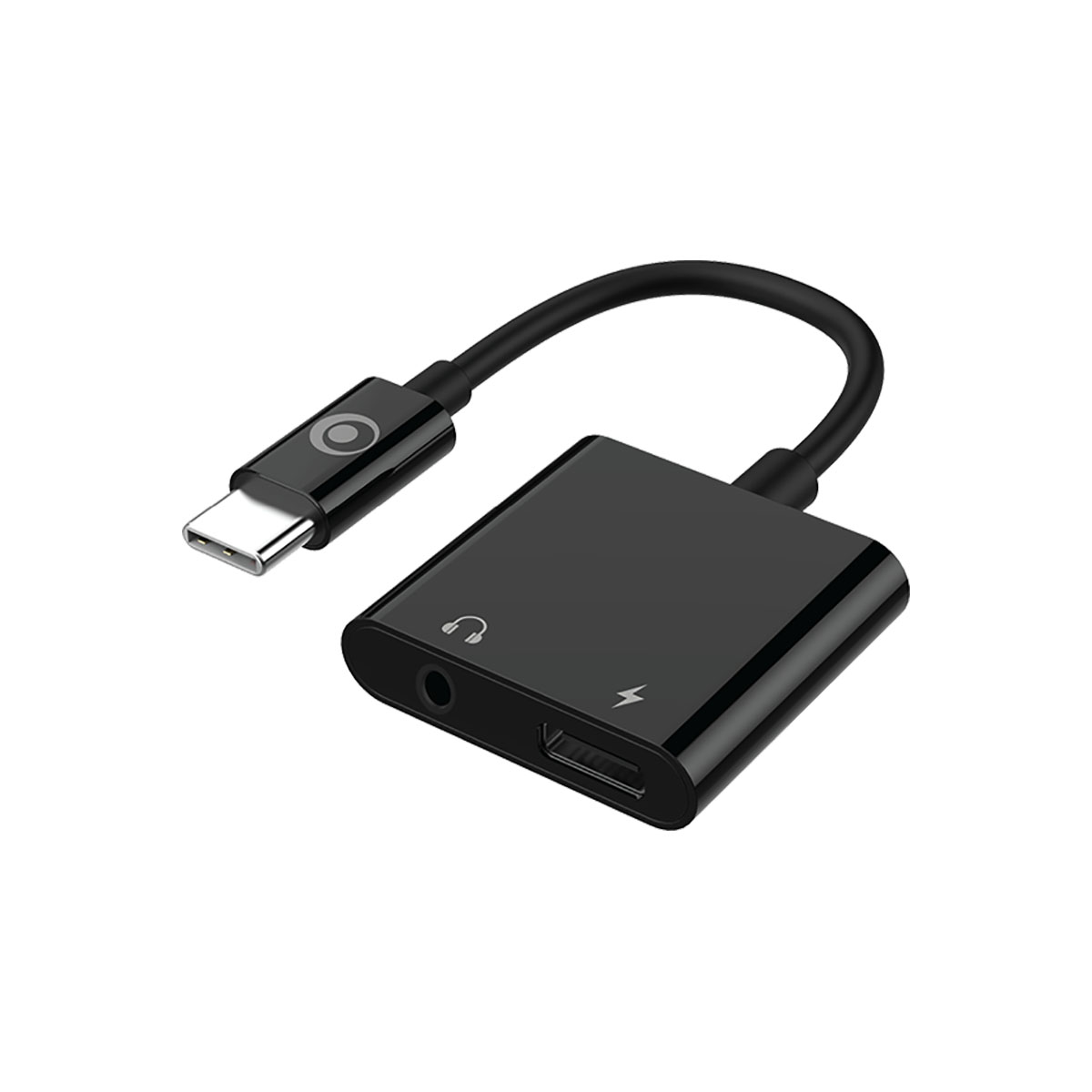 Un adattatore da USB-C ad audio nero. Ha un connettore USB-C, un piccolo blocco quadrato con porte per cuffie e ricarica e un cavo.