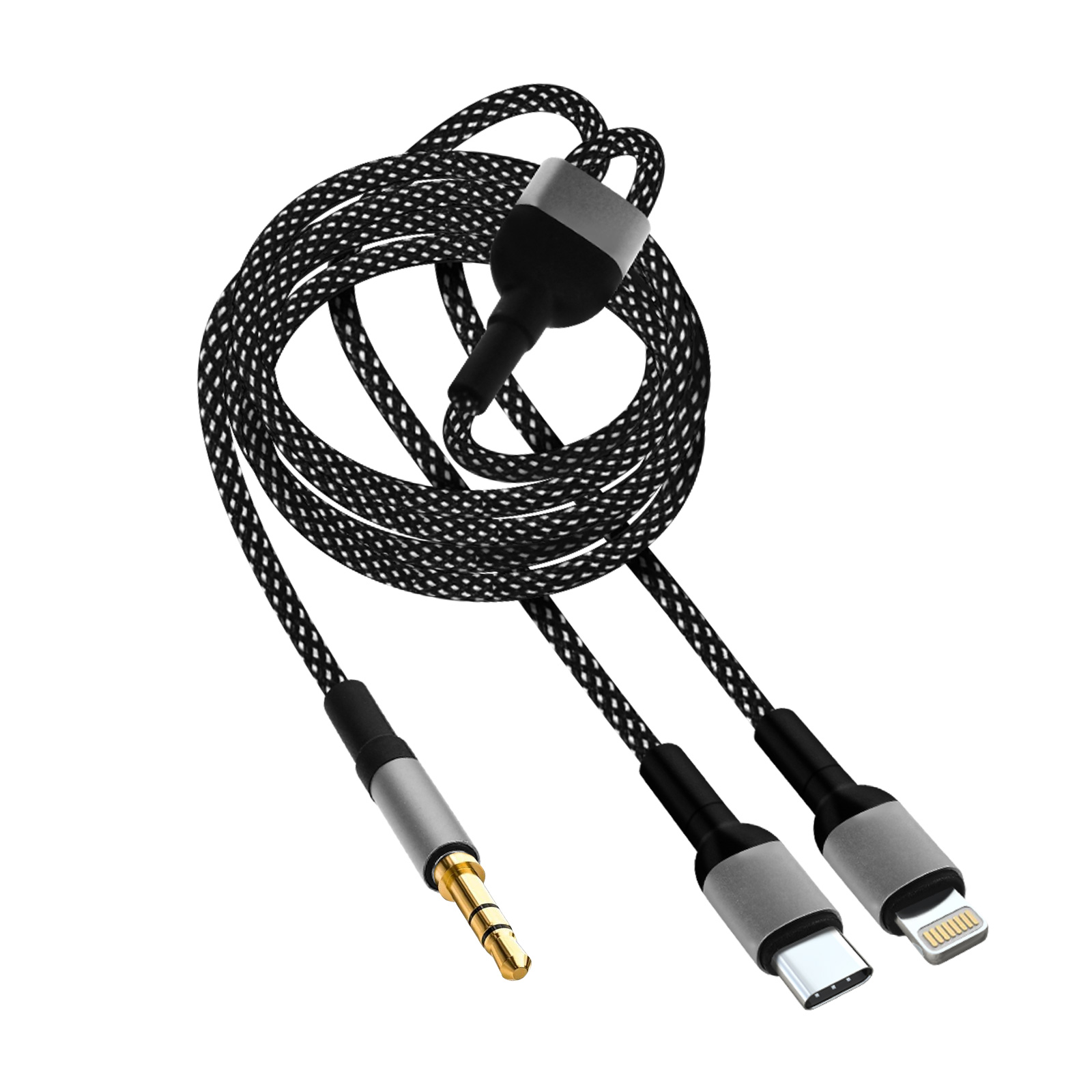 Un cavo audio intrecciato bianco e nero con tre connettori: jack da 3,5 mm, USB-C e Lightning. Isolato su bianco.