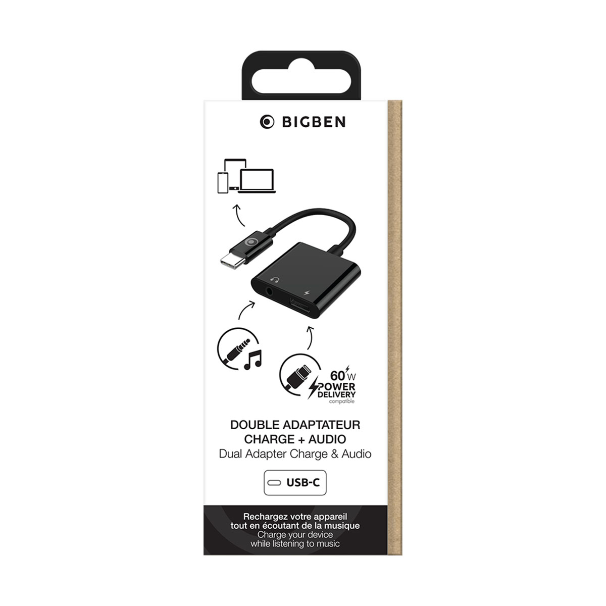 Una scatola adattatore duale Bigben. Dispone di una porta USB-C, una porta di ricarica e un jack audio. Testo: Ricarica e Audio.