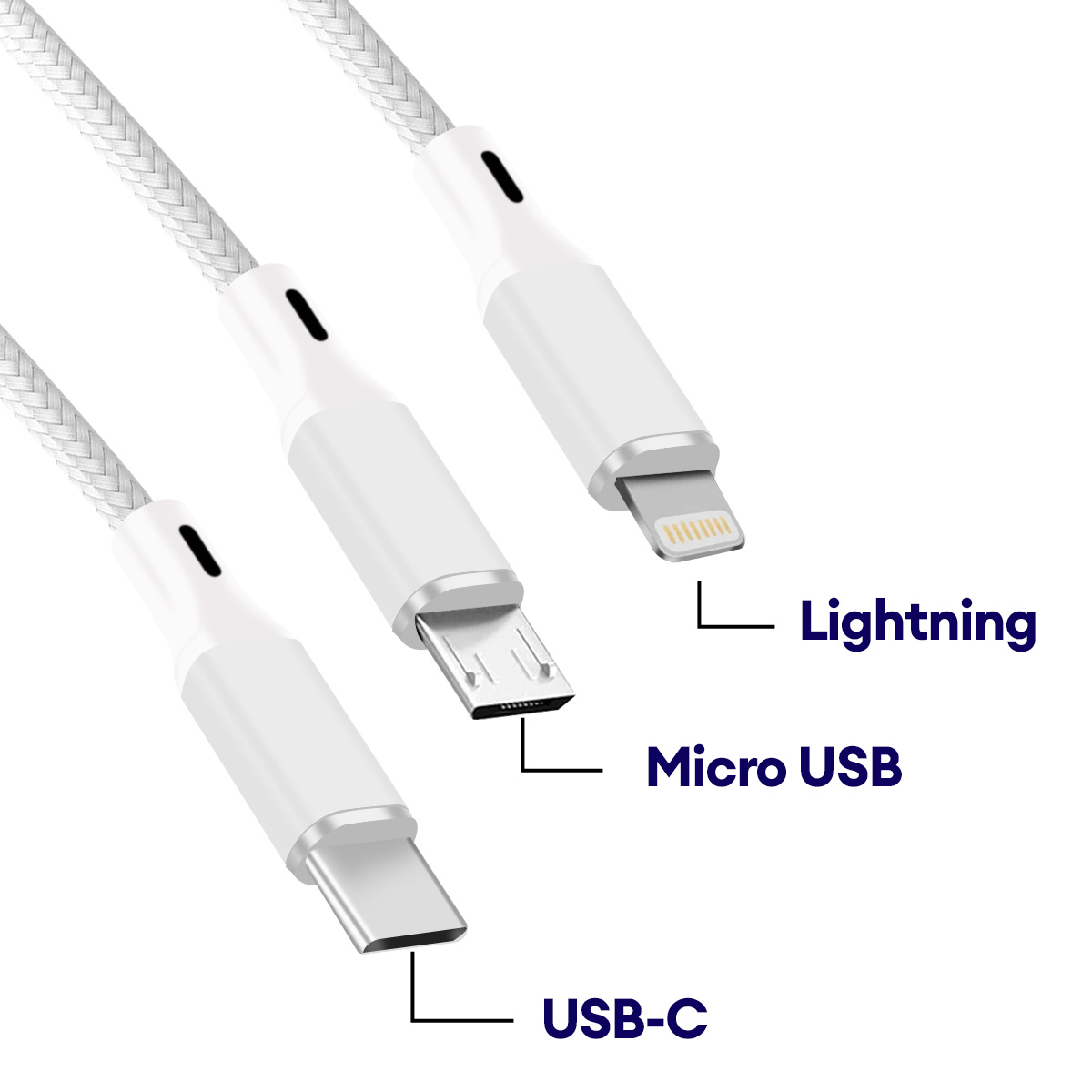 Tre cavi di ricarica bianchi: USB-C, Micro USB e Lightning. Ogni cavo ha un cavo e un connettore bianchi.