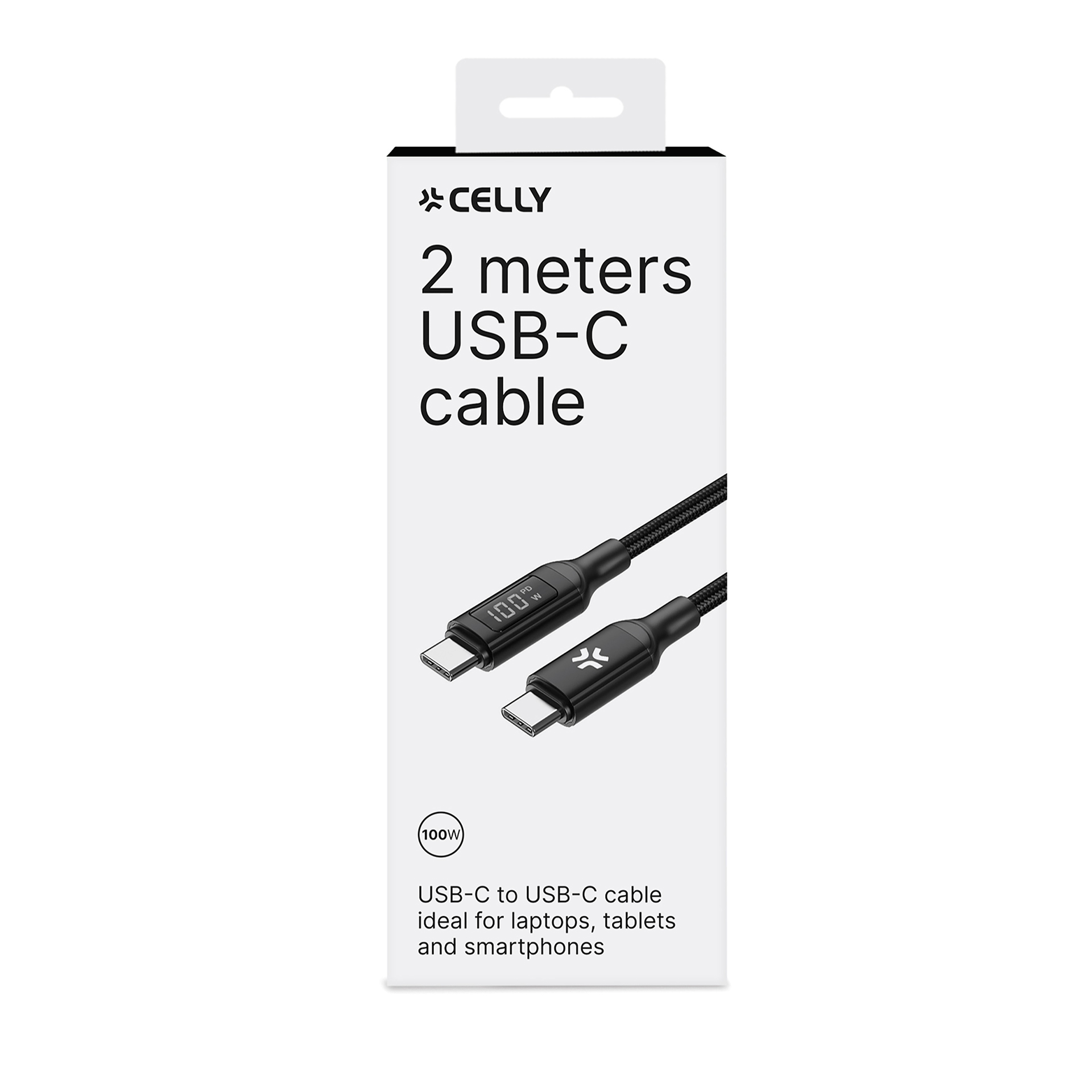 Eine weiße Verpackung mit einem schwarzen USB-C-Kabel. Text: '2 Meter USB-C-Kabel' und 'USB-C-zu-USB-C-Kabel'.