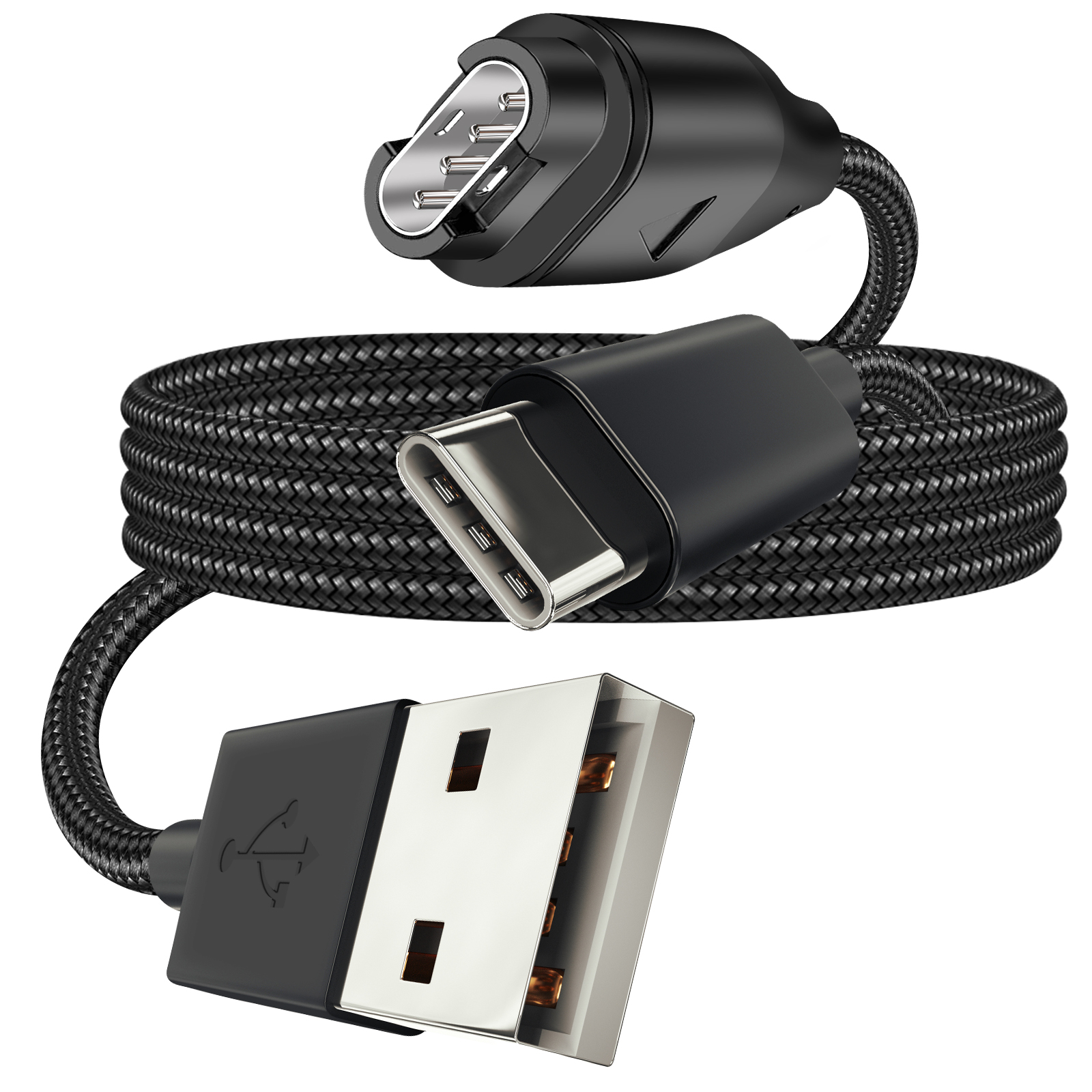 Cavo USB nero con più connettori: USB-A, USB-C e un connettore specializzato. Design del cavo intrecciato.