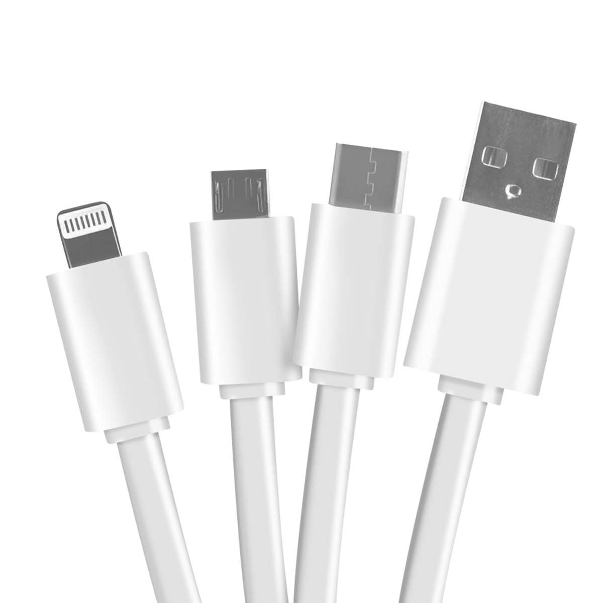 Quattro cavi di ricarica bianchi con diversi connettori: Lightning, Micro-USB, USB-C e USB-A, su sfondo bianco.