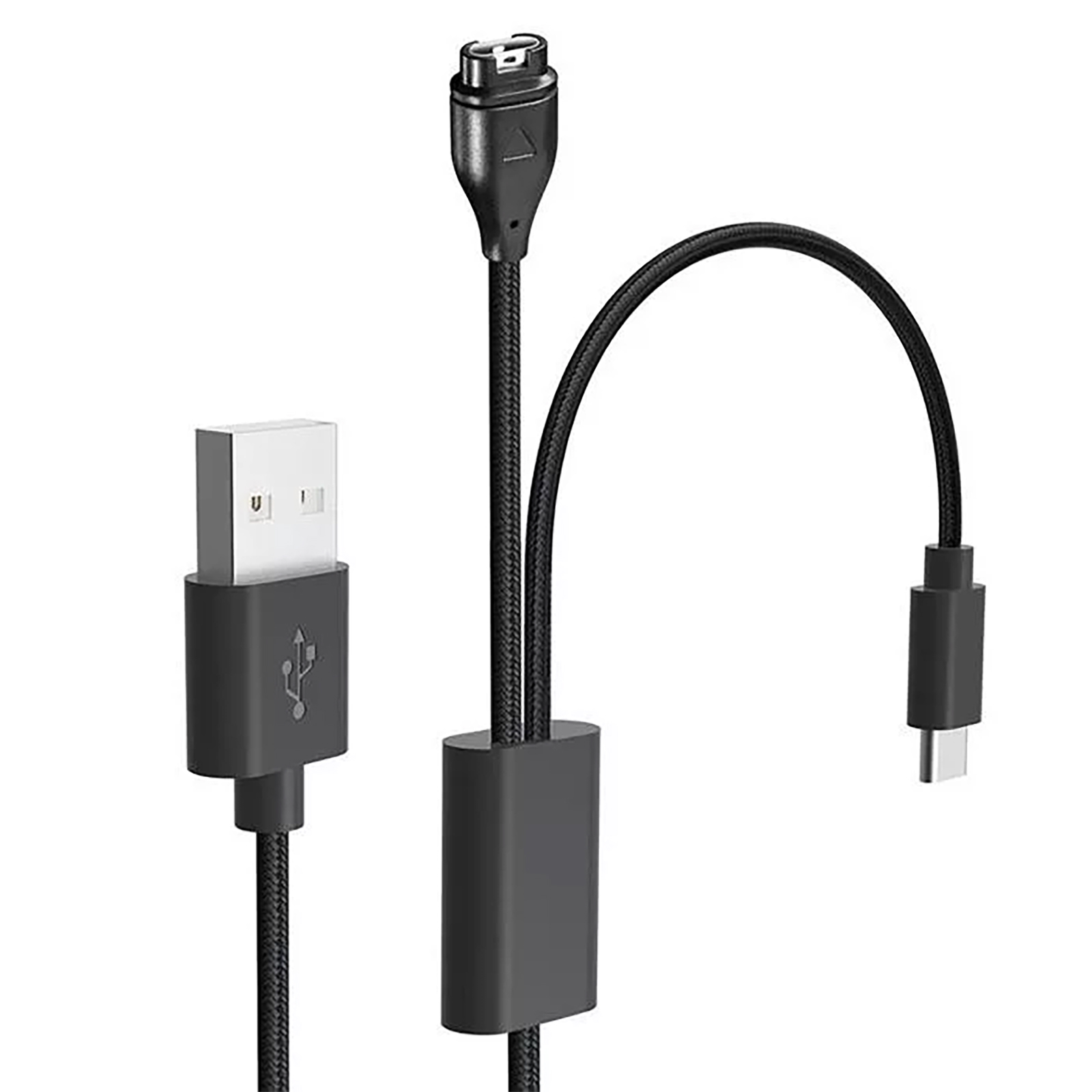 Un cavo di ricarica nero con più connettori: USB, micro USB e USB-C. Il cavo è su sfondo bianco.