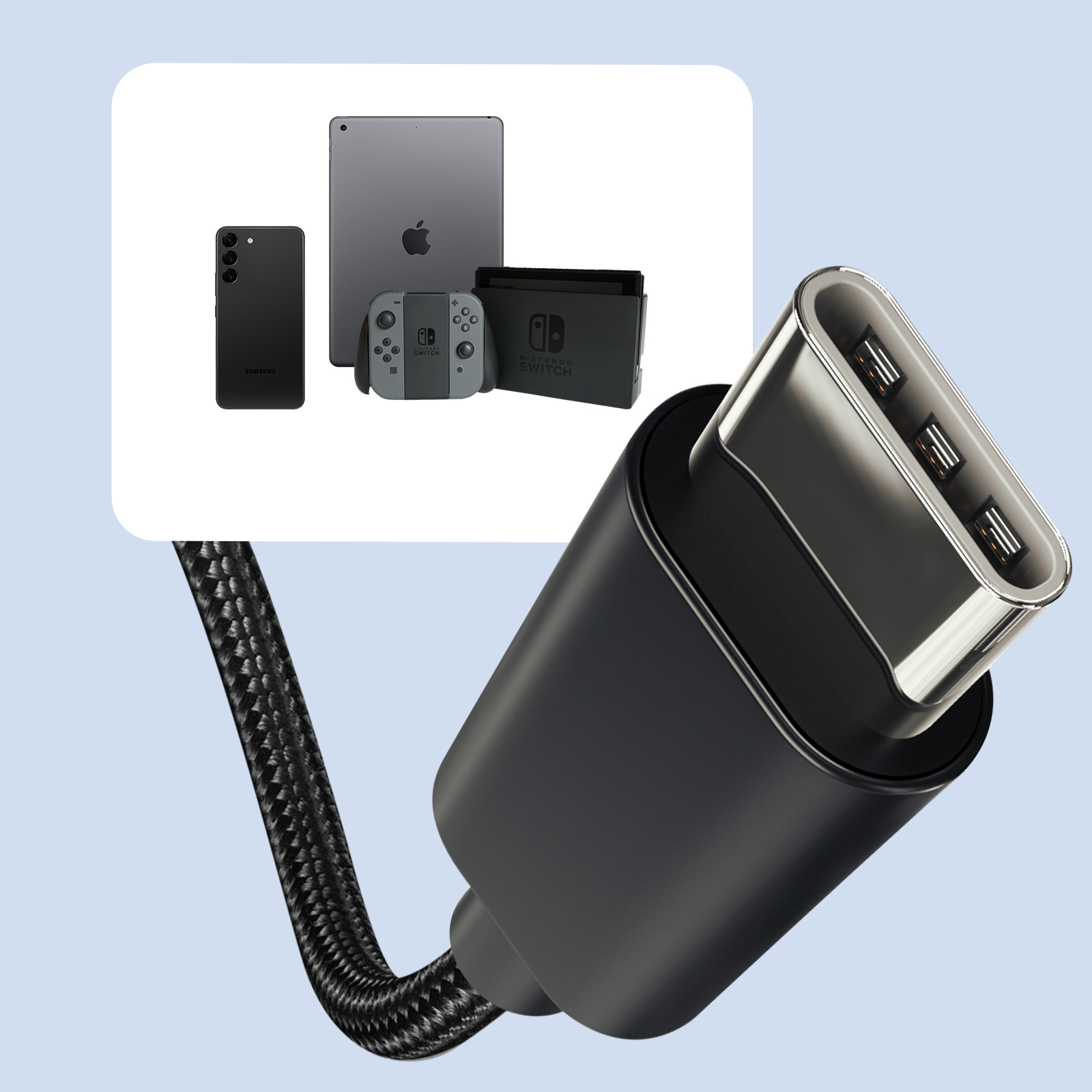 Un cavo USB-C nero con dispositivi come telefono, iPad e Nintendo Switch. Il cavo è strutturato e ha una punta argentata.