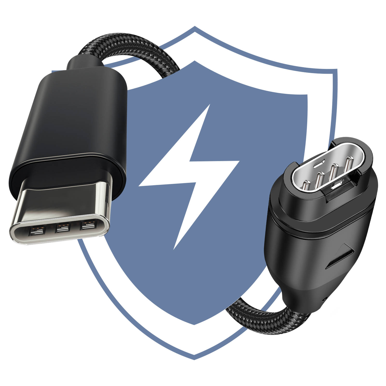Cavo USB-C nero con simbolo fulmine su sfondo scudo blu. Il cavo ha una finitura strutturata.