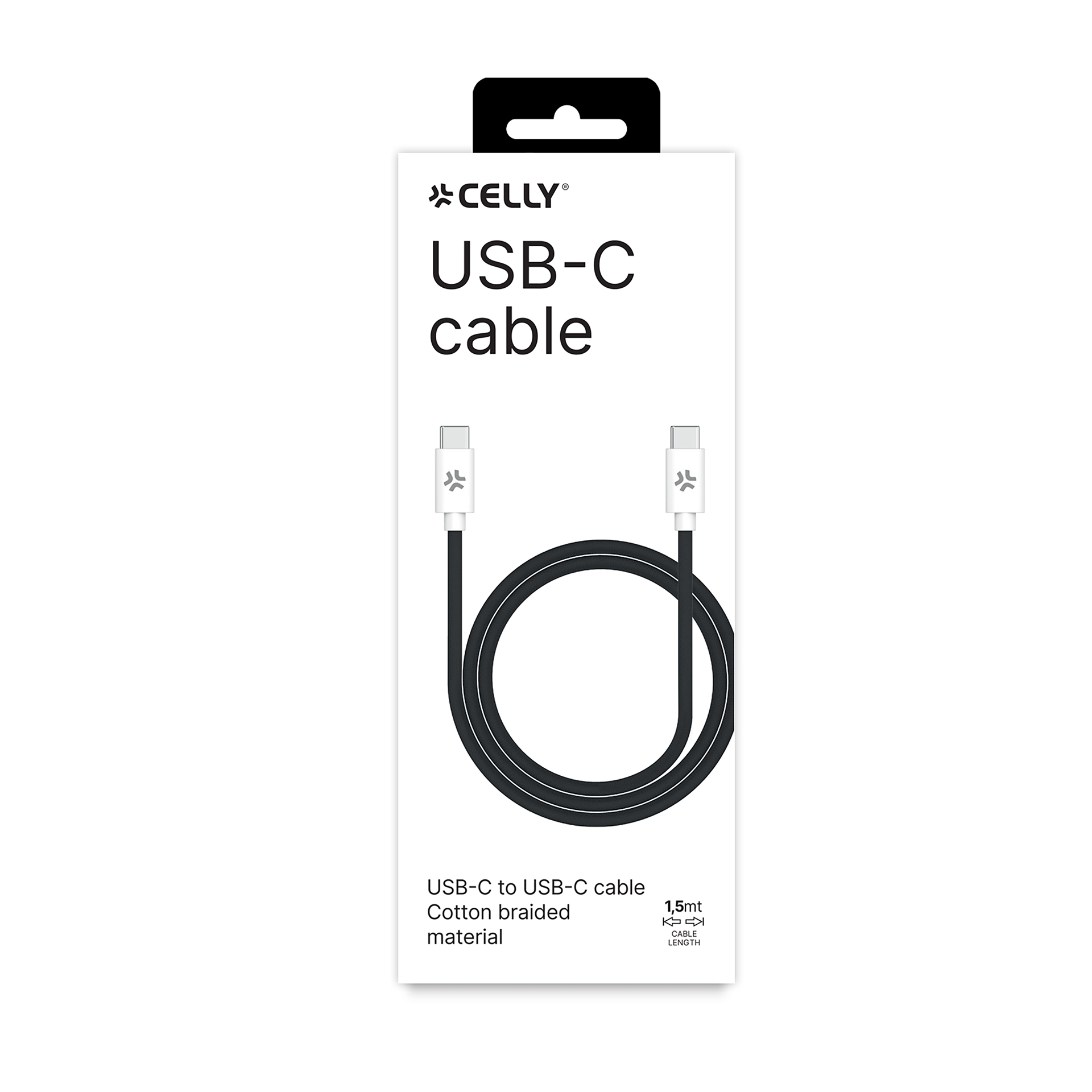 Siyah bir USB-C kablosu olan beyaz bir paket. Kablonun beyaz konektörleri var. Paket, USB-C kablosu diyor.